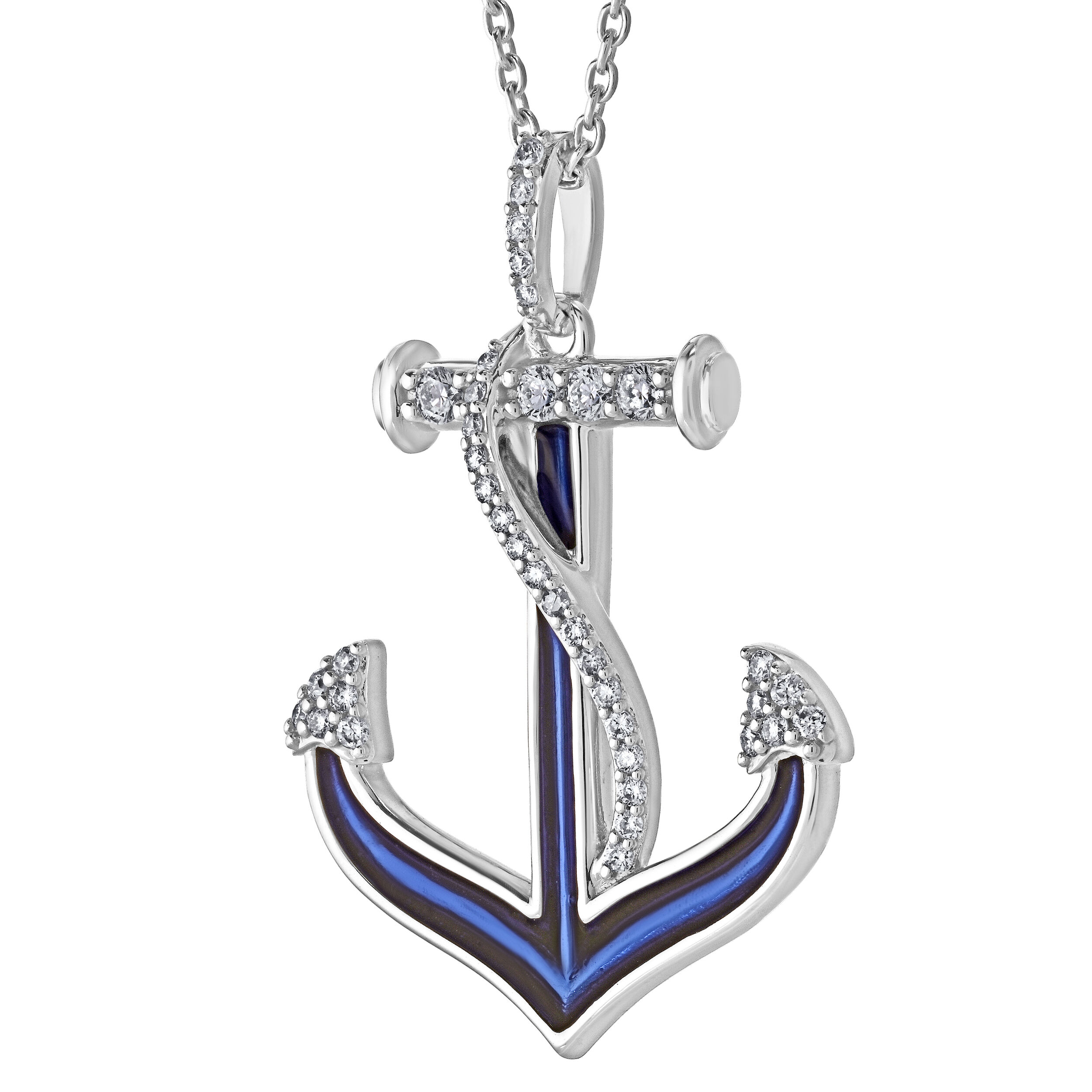 BluSea&trade; 14K White Gold Pendant Enamel Anchor Pave Rope Diamond 0.20 Ctw