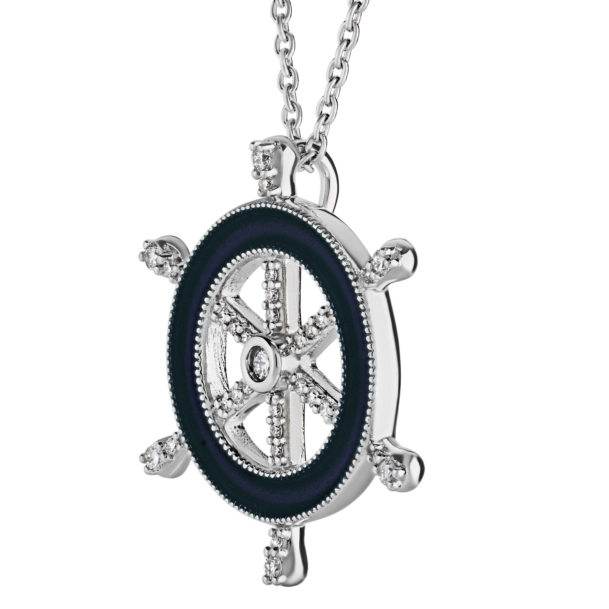 BluSea&trade; 14K White Gold Pendant Enamel Ships Wheel Pave Spokes Diamond 0.15 Ctw