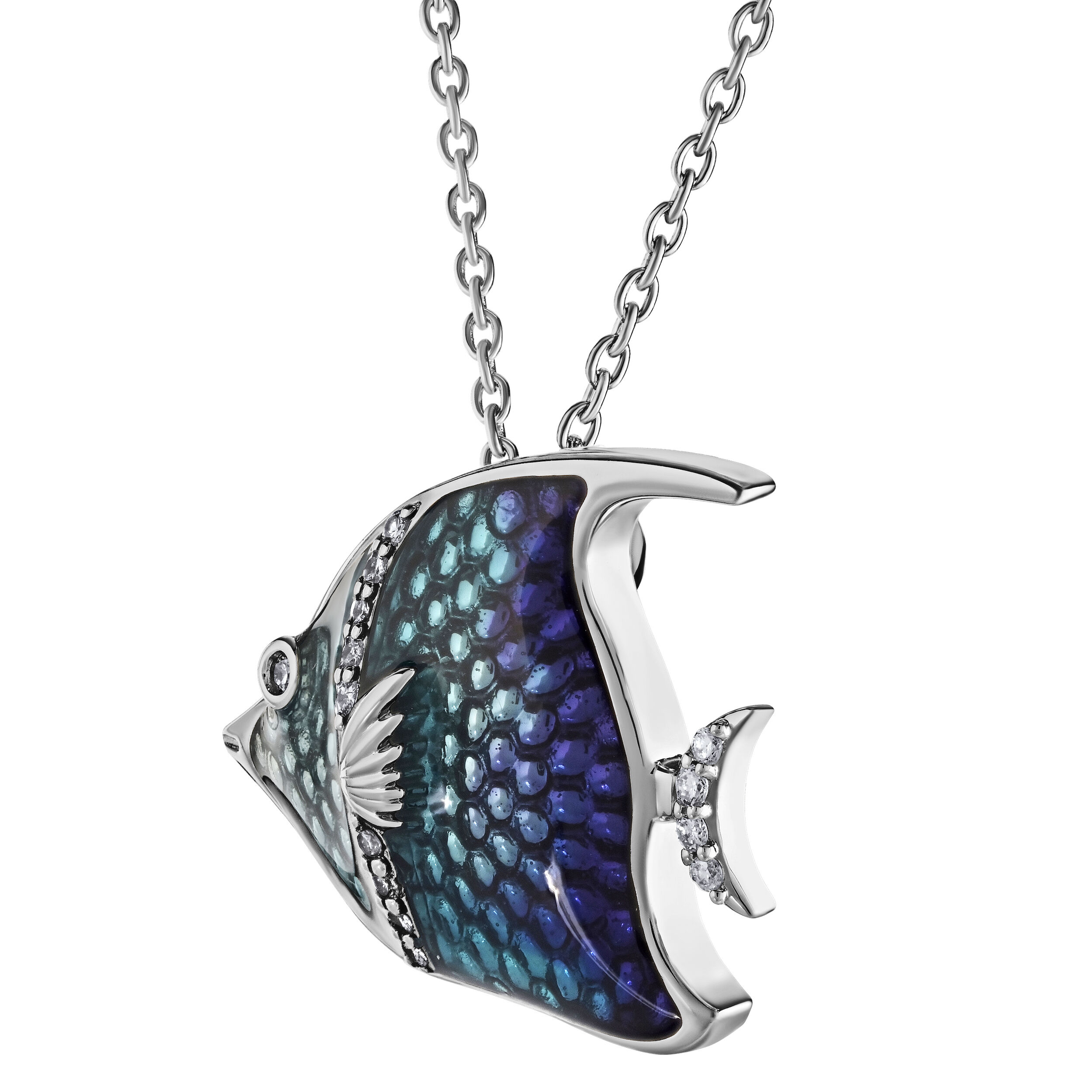 Oceanity&trade; 14K White Gold Pendant Enamel Angel Fish Hidden Bail Diamond 0.10 Ctw
