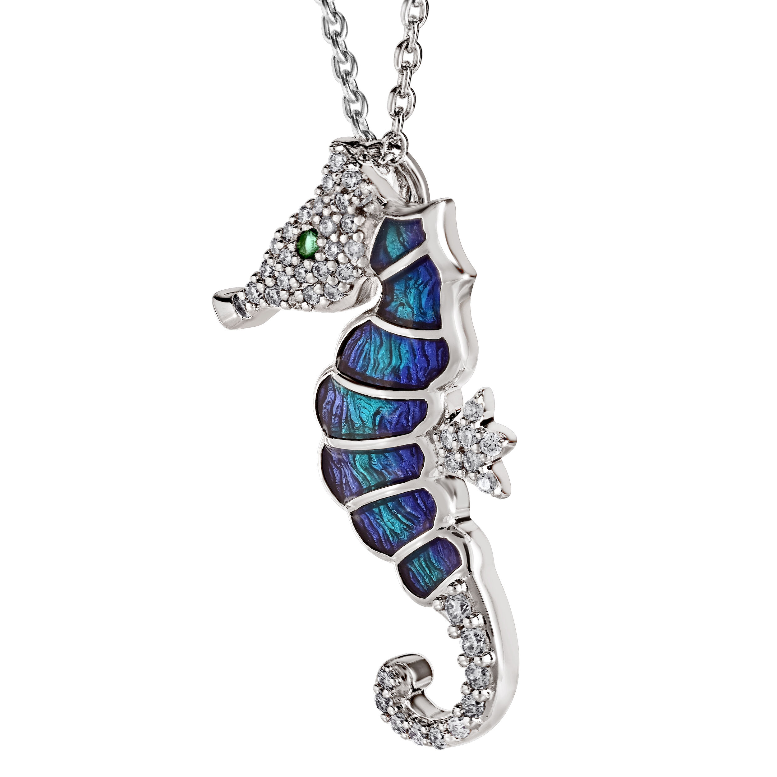Oceanity&trade; 14K White Gold Pendant Enamel Seahorse Pave Head Diamond 0.15 Ctw