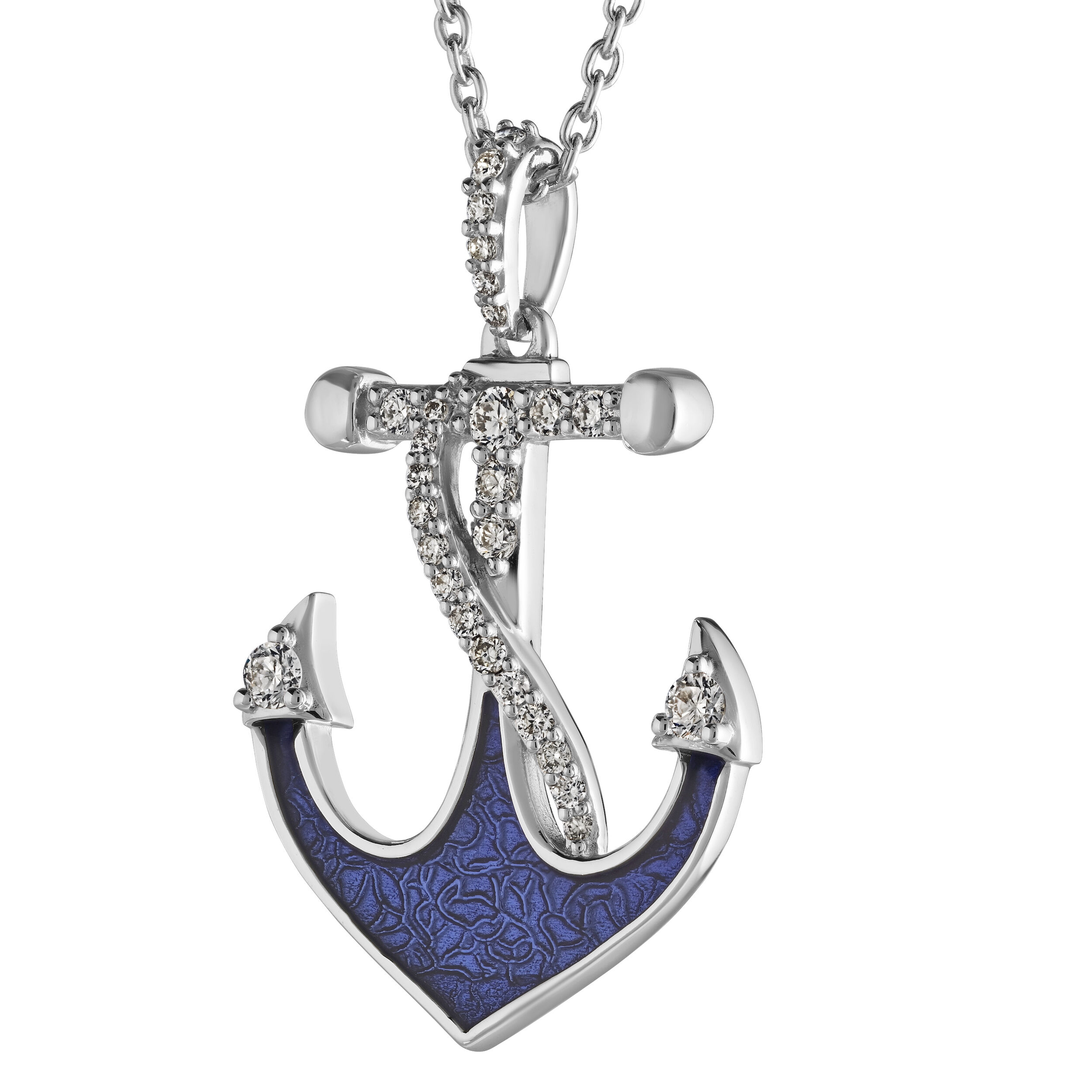 BluSea&trade; 14K White Gold Pendant Enamel Anchor Pave Rope Diamond 0.25 Ctw