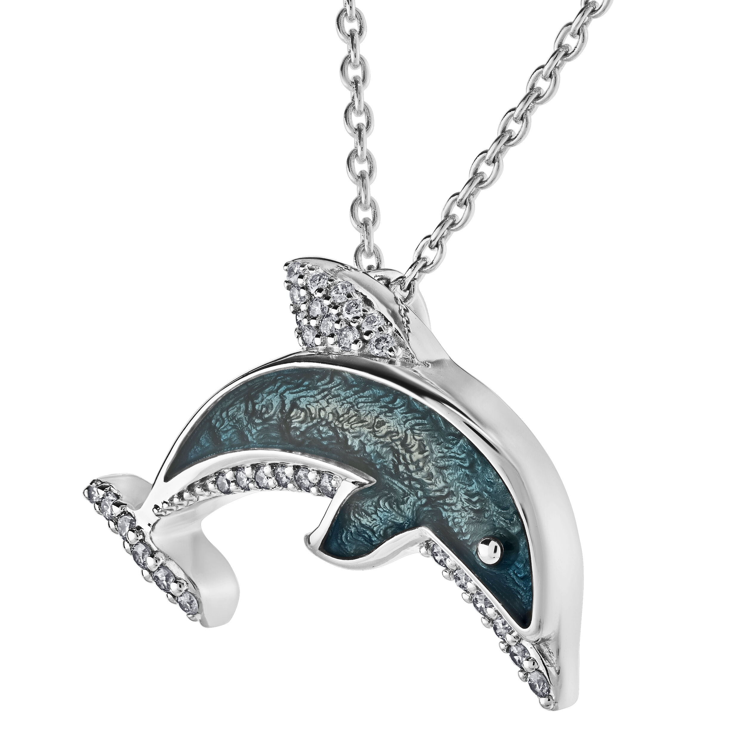 Oceanity&trade; 14K White Gold Pendant Enamel Dolphin Pave Fin & Tail Diamond 0.15 Ctw