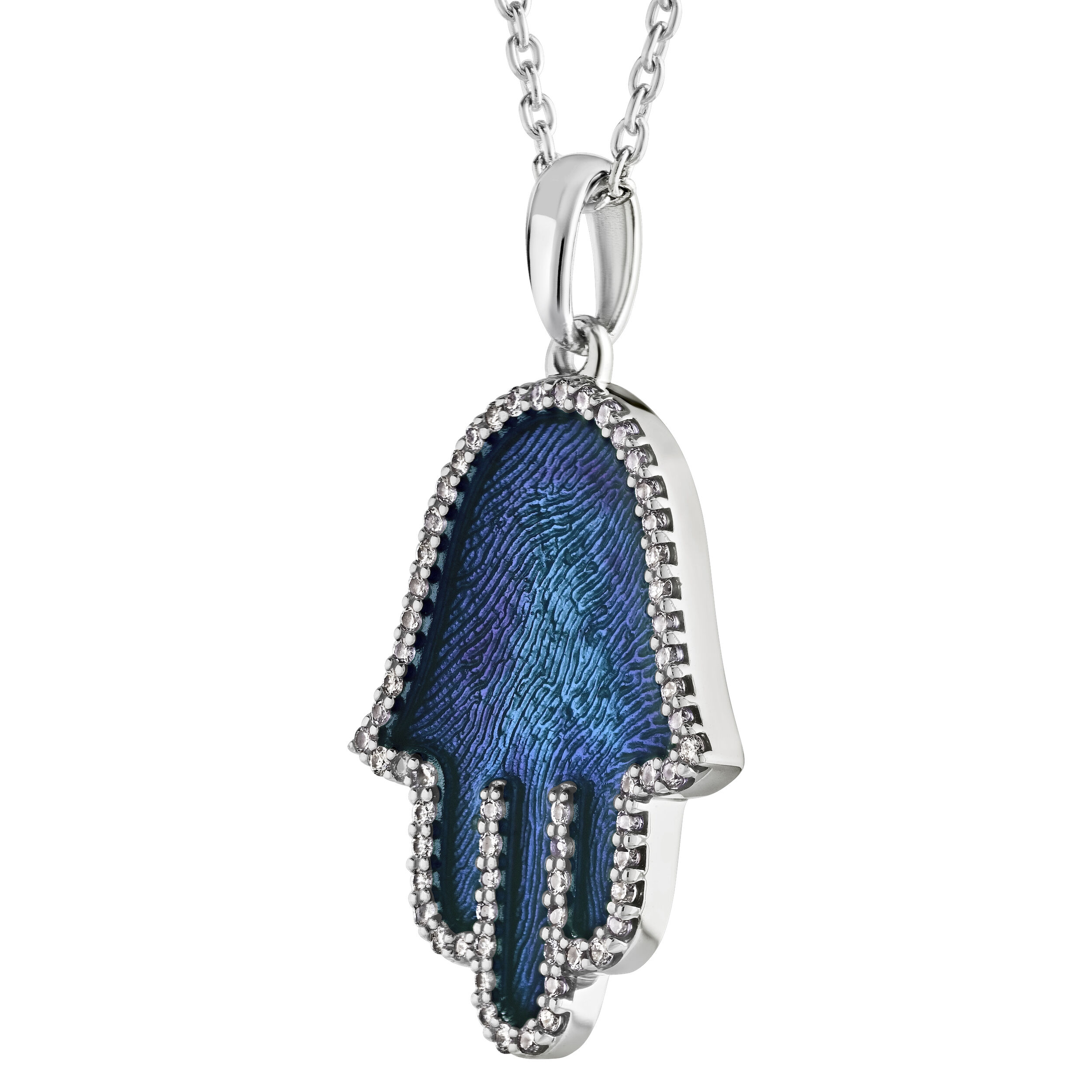 14K White Gold Enamel Hand of God / Hamsa Diamond Pendant 0.20 Ctw