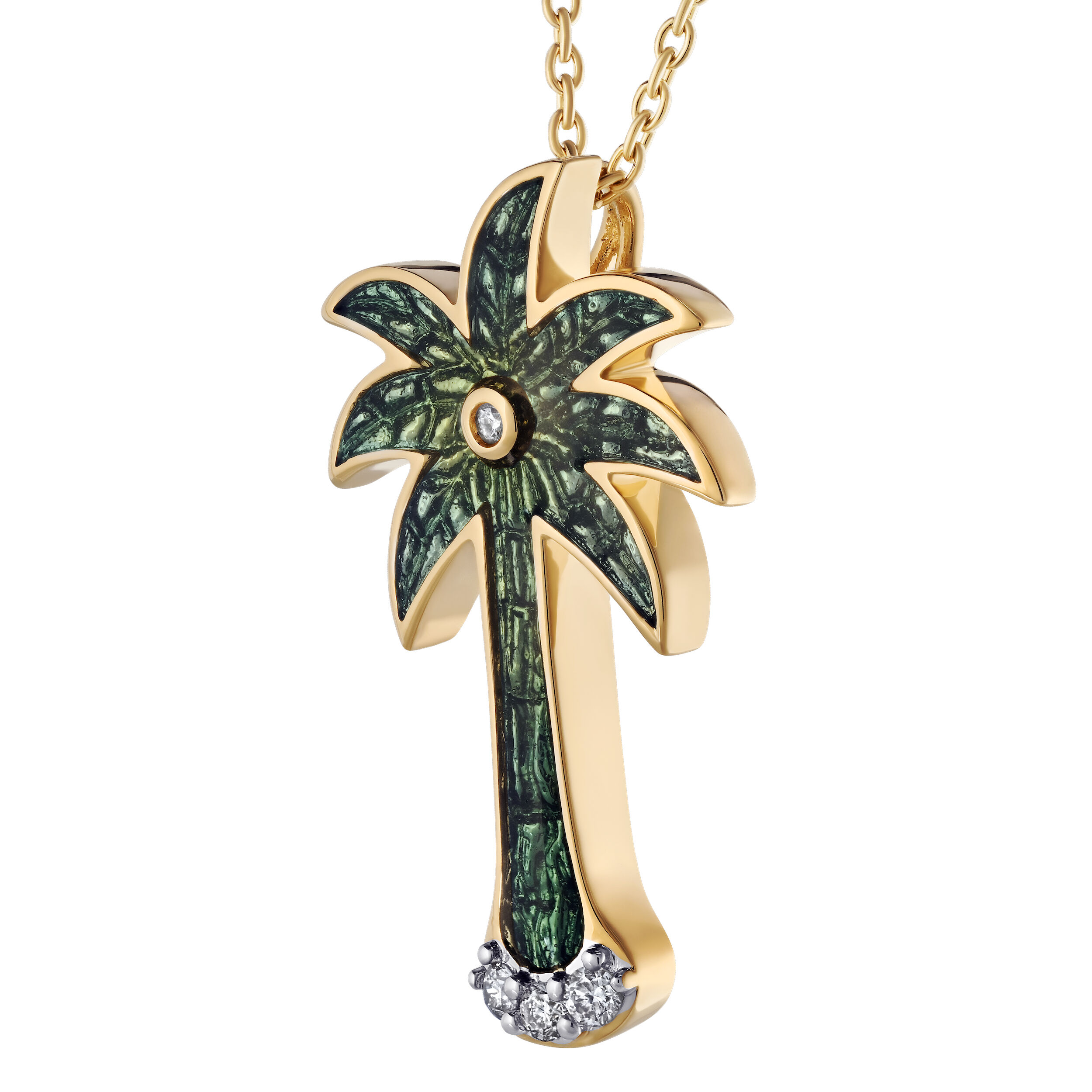 Oceanity&trade; 14K Yellow Gold Pendant Enamel Palm Tree Bezel Set Center Diamond 0.10 Ctw