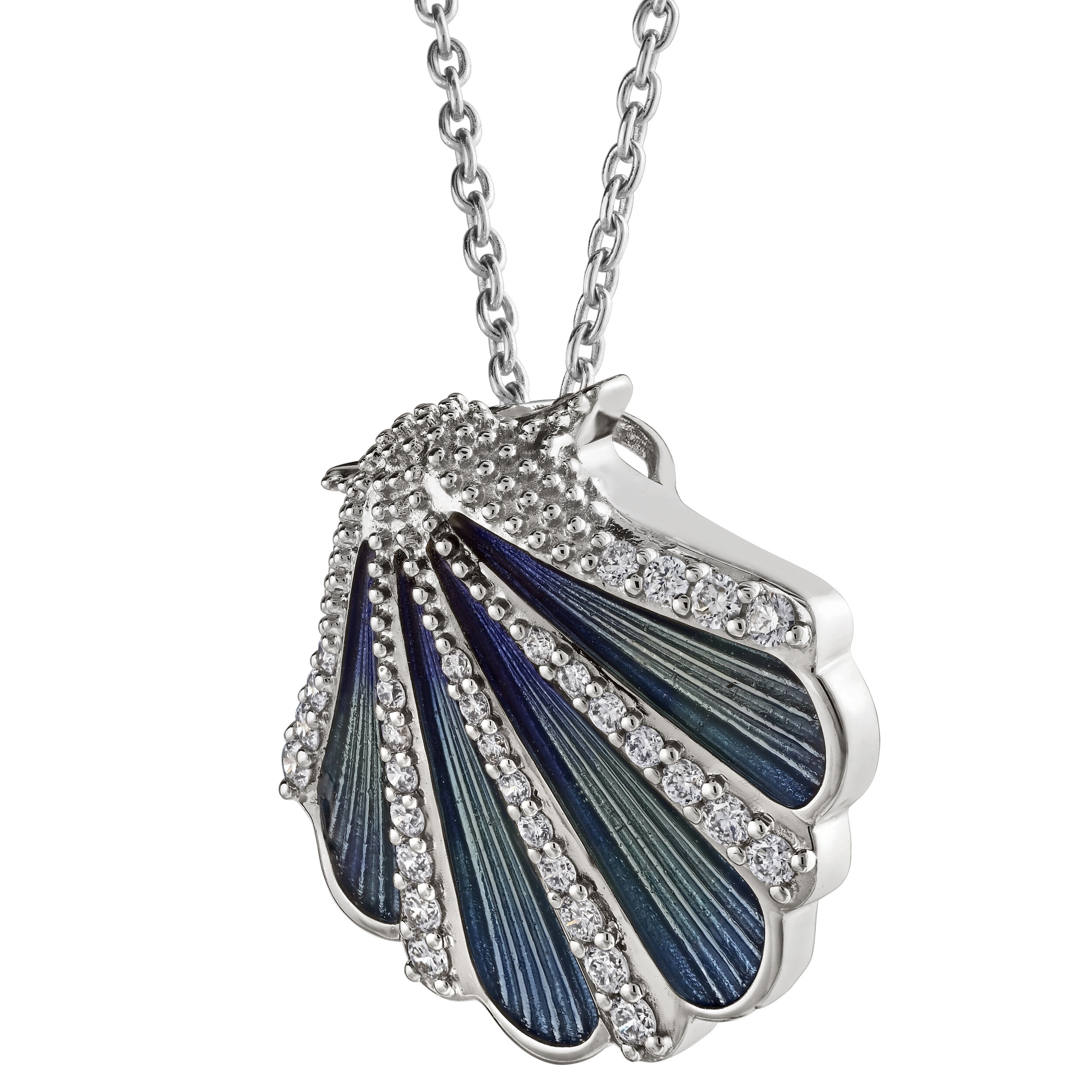 Oceanity&trade; 14K White Gold Pendant Enamel Shell with Pave Ribs Hidden Bail Diamond 0.20 Ctw
