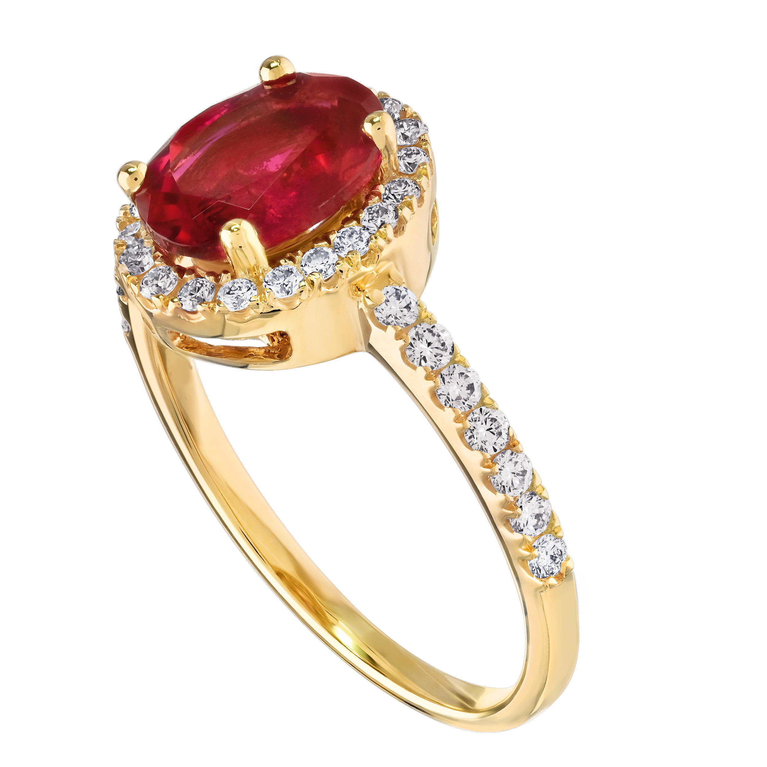 RedVelvet&trade; 14K Yellow Gold Oval Center with Halo Diamond Shoulders Ring 1.57 Ctw Natural Rubellite