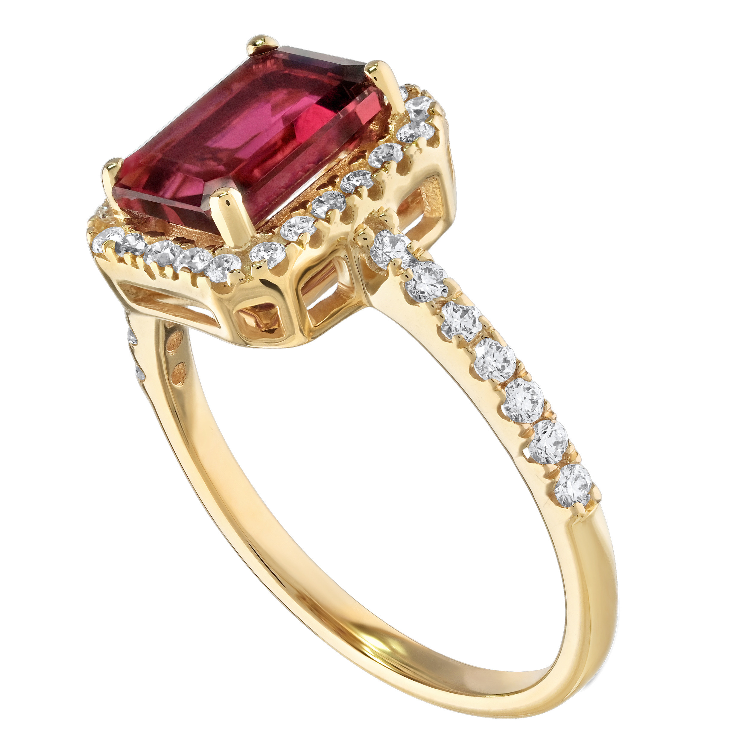 RedVelvet&trade; 14K Yellow Gold Emerald Shape Center with Halo Diamond Shoulders Ring 1.86 Ctw Natural Rubellite