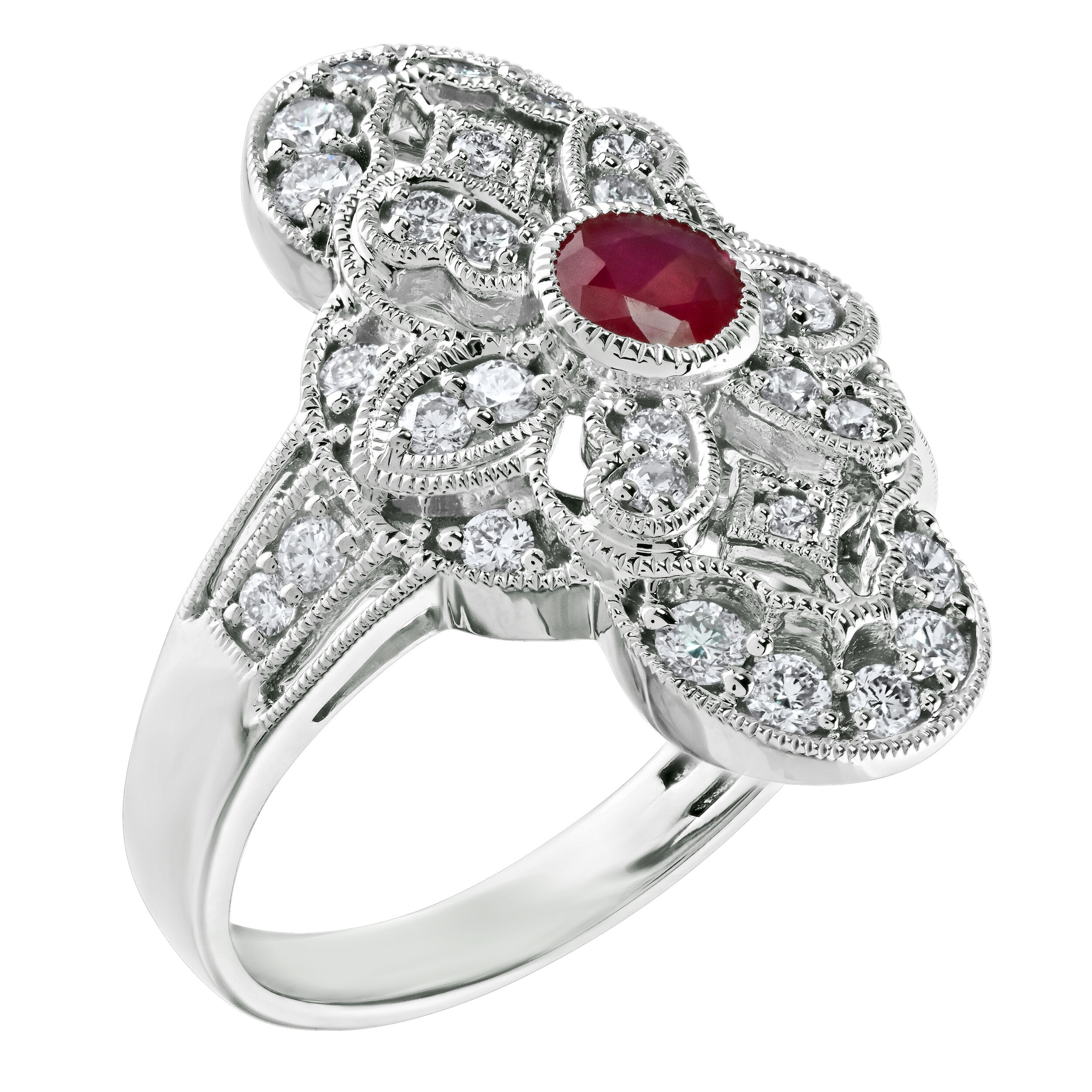 Vintage Treasures&trade; 14k White Gold Elongated Art Deco Style Milgrain Bezel Center Ring Diamond & Ruby 1.02 Ctw