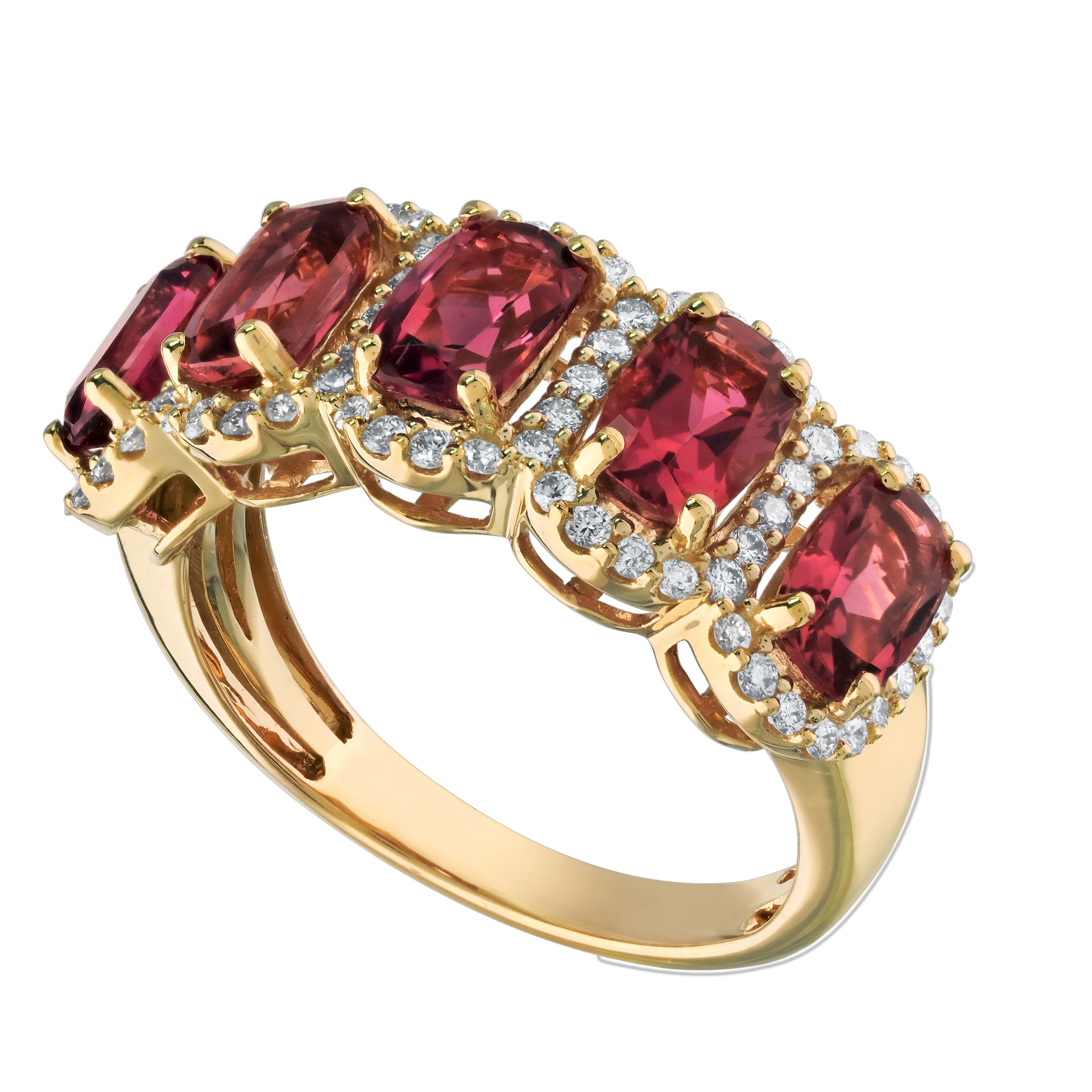 RedVelvet&trade; 14K Yellow Gold 5 Elongated Cushion Halos Ring 2.63 Ctw Natural Rubellite
