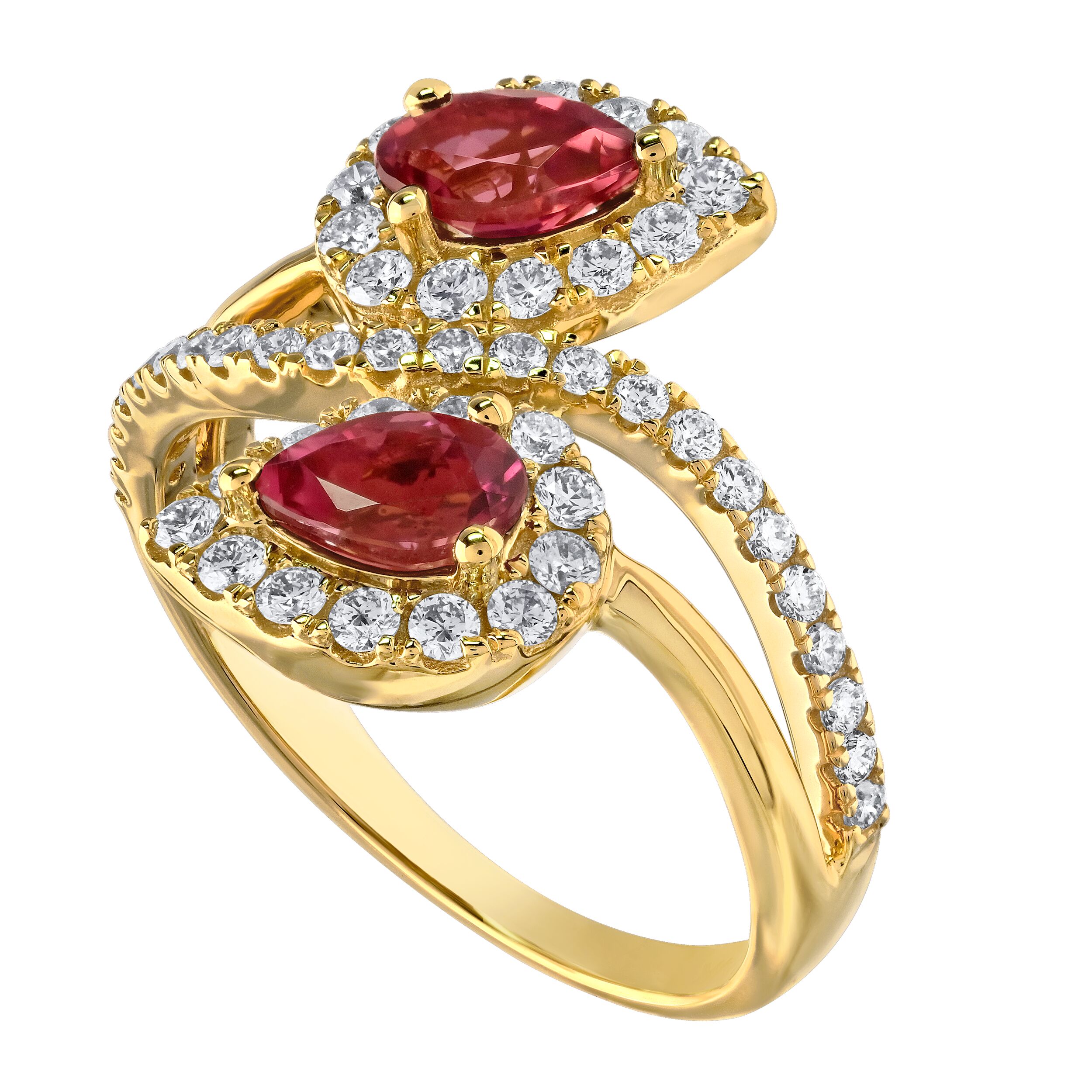 RedVelvet&trade; 14K Yellow Gold Pear Shape Bypass Halos Ring 1.39 Ctw Natural Rubellite