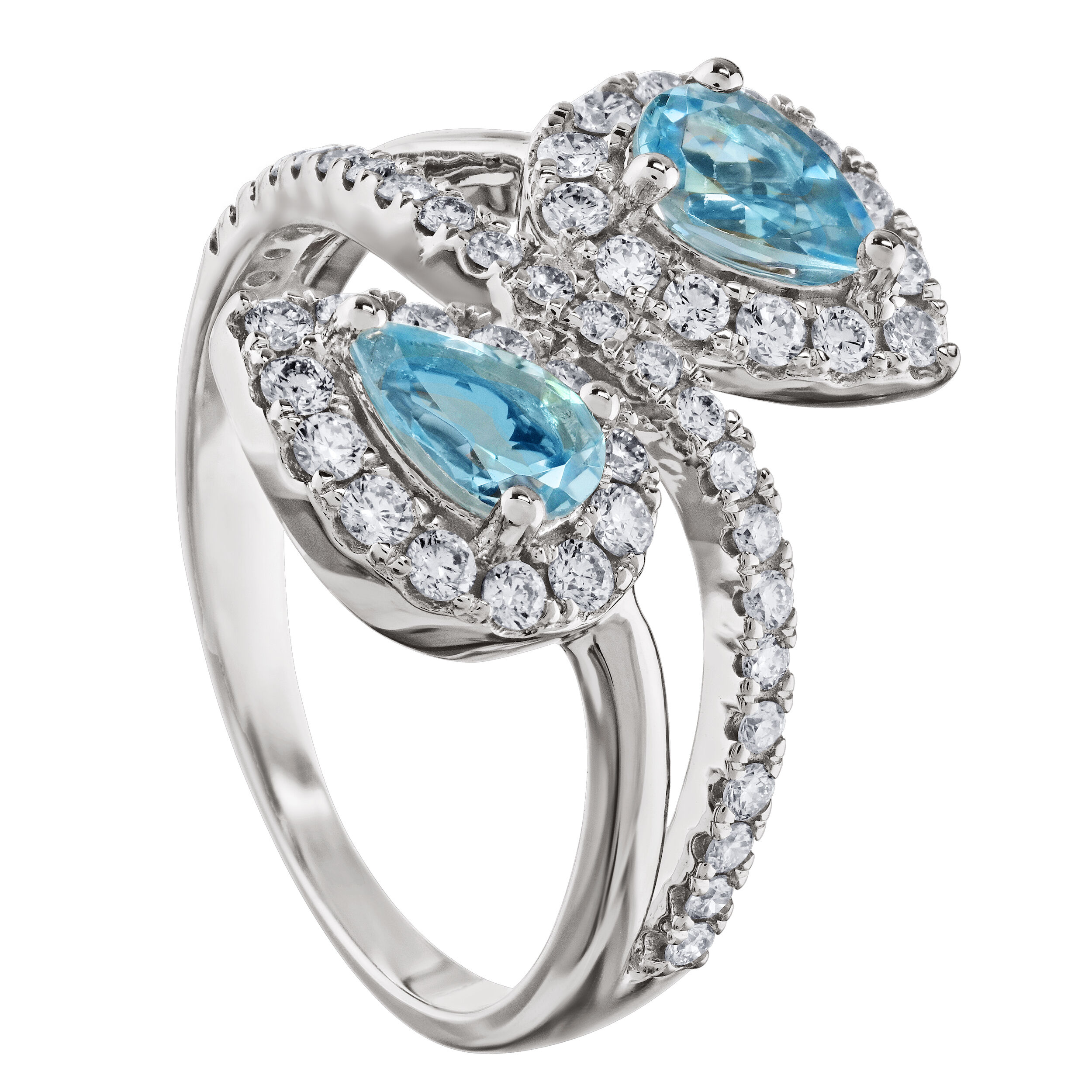 AquaBella&trade; 14K White Gold Pear Shape Halos Bypass Wrap Ring 1.39 Ctw Natural Aquamarine