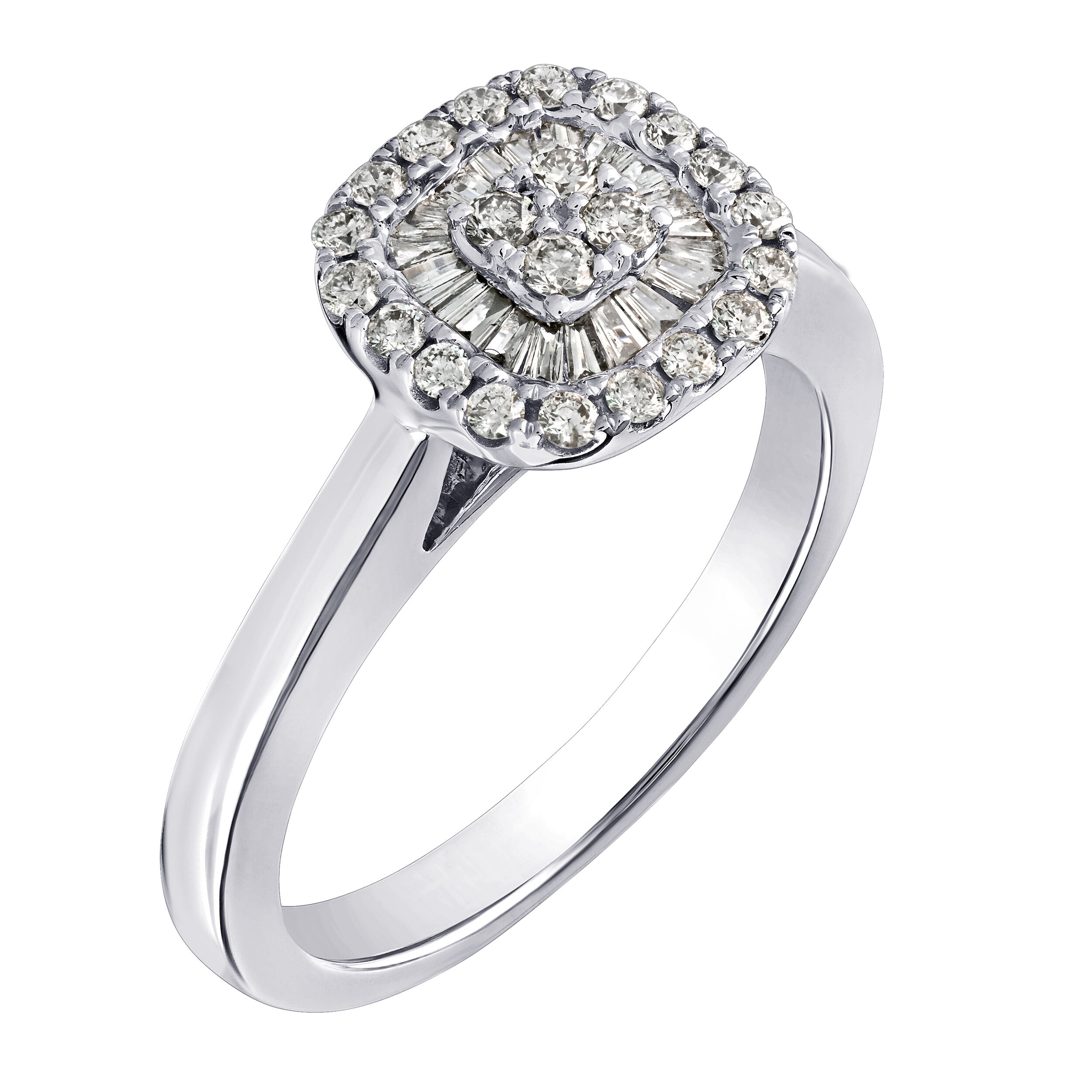 10K White Gold Cushion Shape Baguette & Round Cluster with Halo Ring Diamond 0.33 Ctw