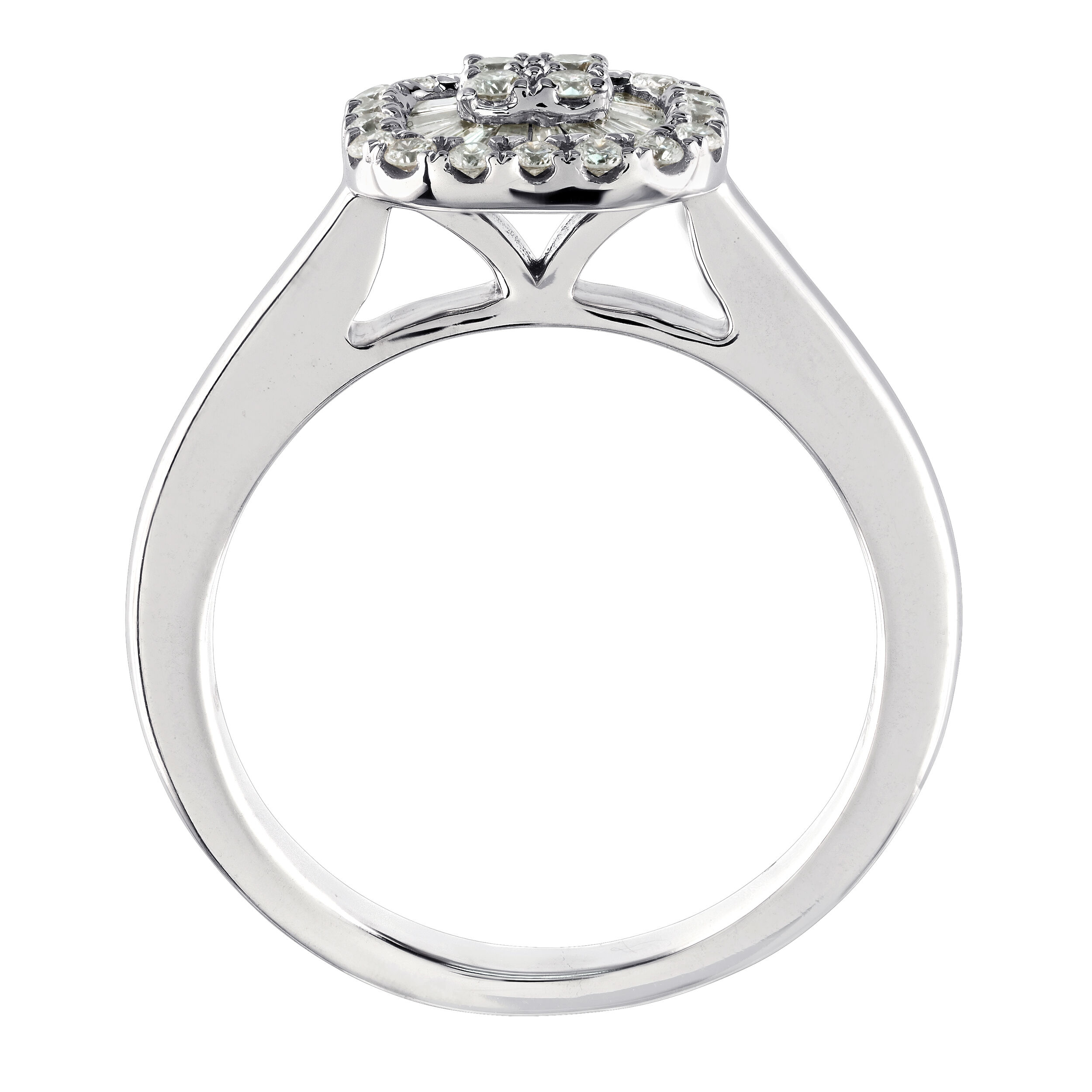 10K White Gold Cushion Shape Baguette & Round Cluster with Halo Ring Diamond 0.33 Ctw