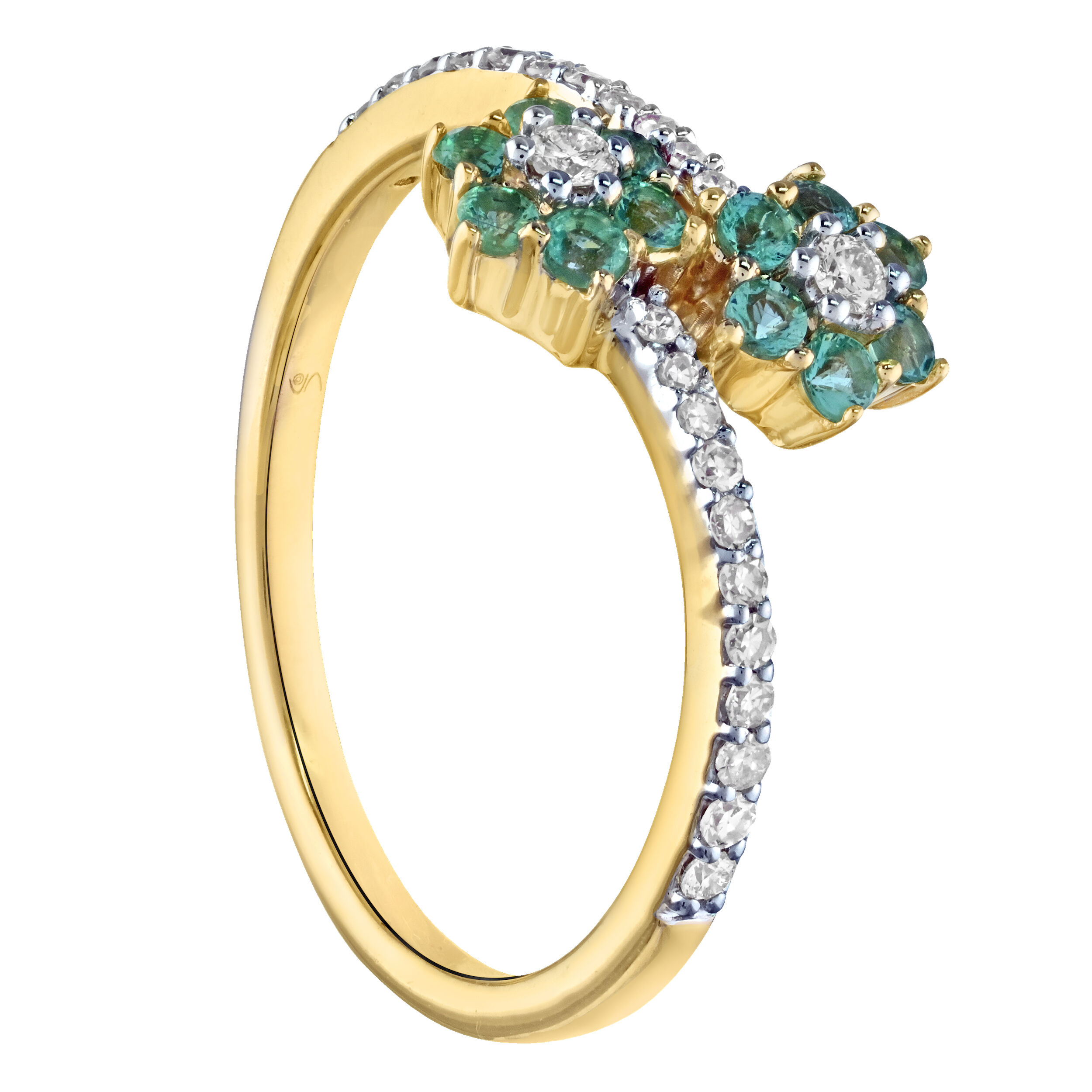 Majestic Gems&trade; 10k Yellow Gold 2 Color Flower Clusters Bypass Diamond Set Shank & Diamond 0.72 Ctw