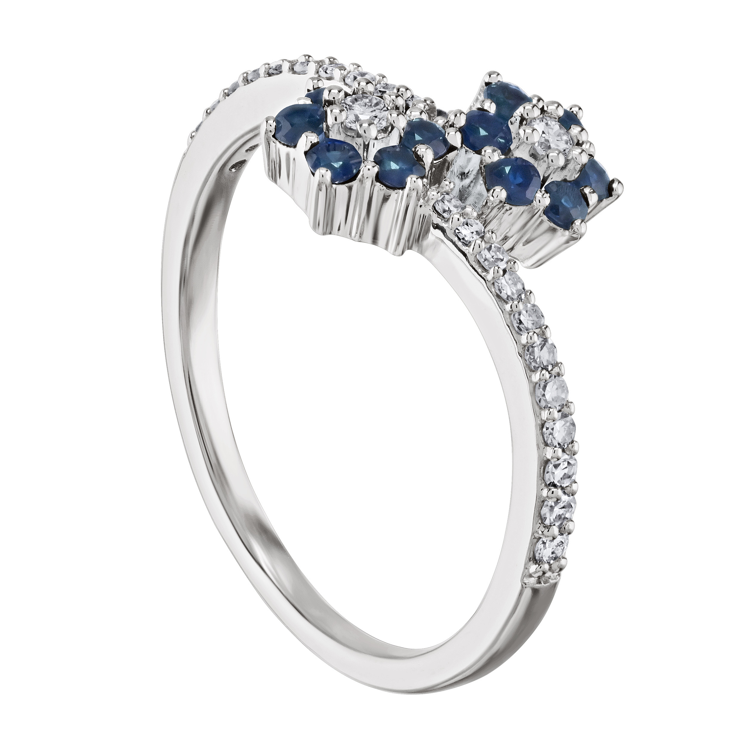 Majestic Gems&trade; 10k White Gold 2 Color Flower Clusters Bypass Diamond Set Shank & Diamond 0.72 Ctw