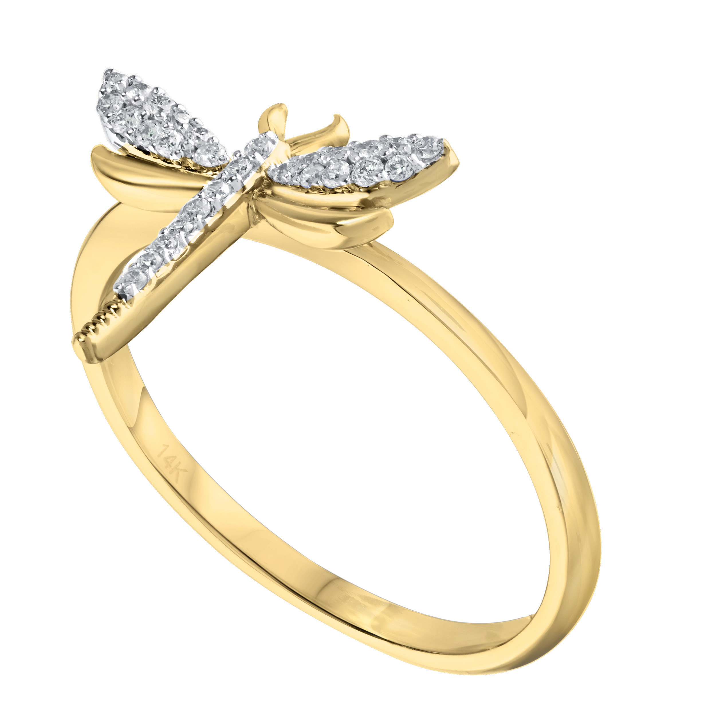 ZooLightful&trade; 14K Yellow Gold Dragonfly with Pave Wings & Body Ring Diamond 0.10 Ctw