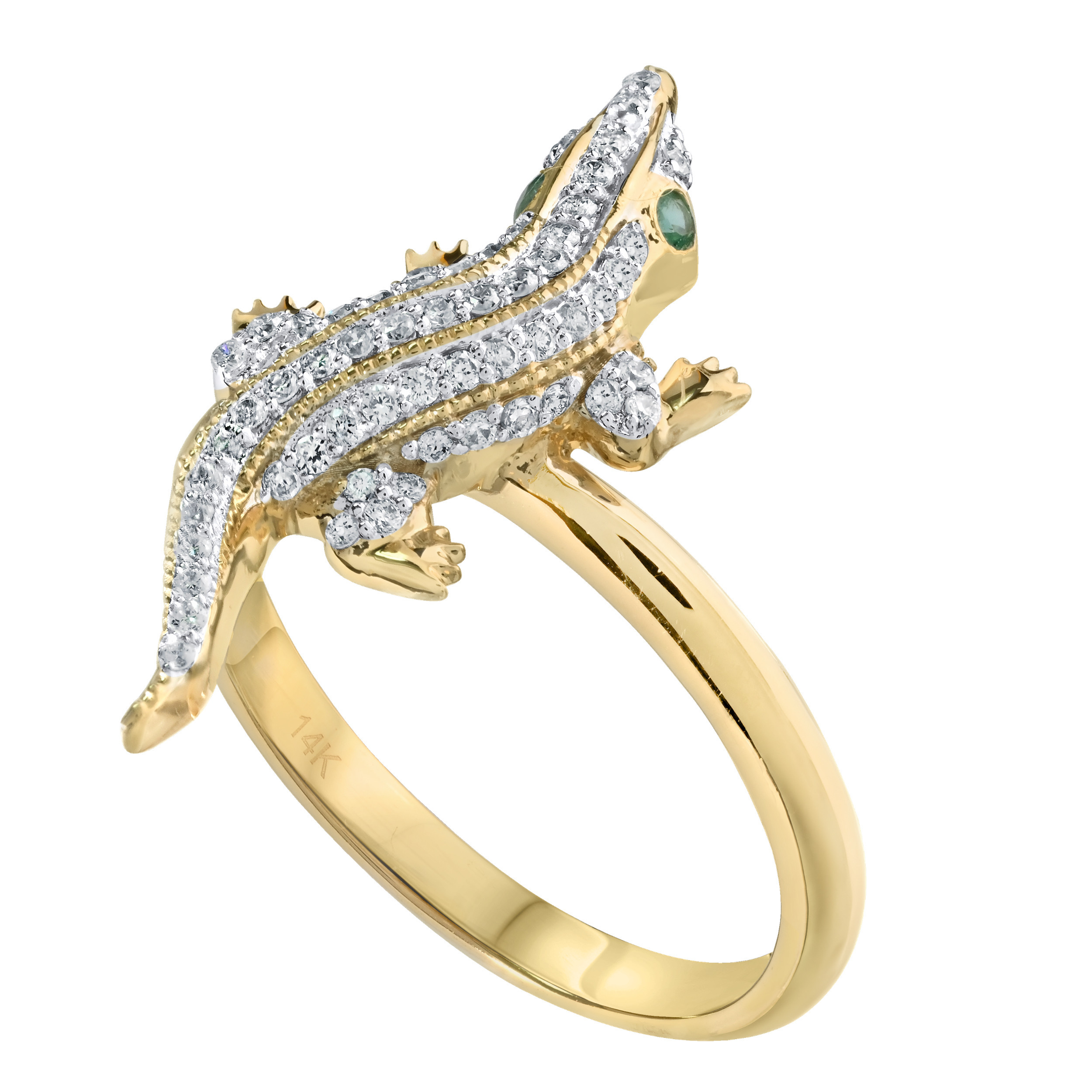 Oceanity&trade; 14K Yellow Gold Ring Pave Set Alligator Em. Eyes Plain Shank 70 Stones 1/4 Ctw Diamond 0.25 Ctw