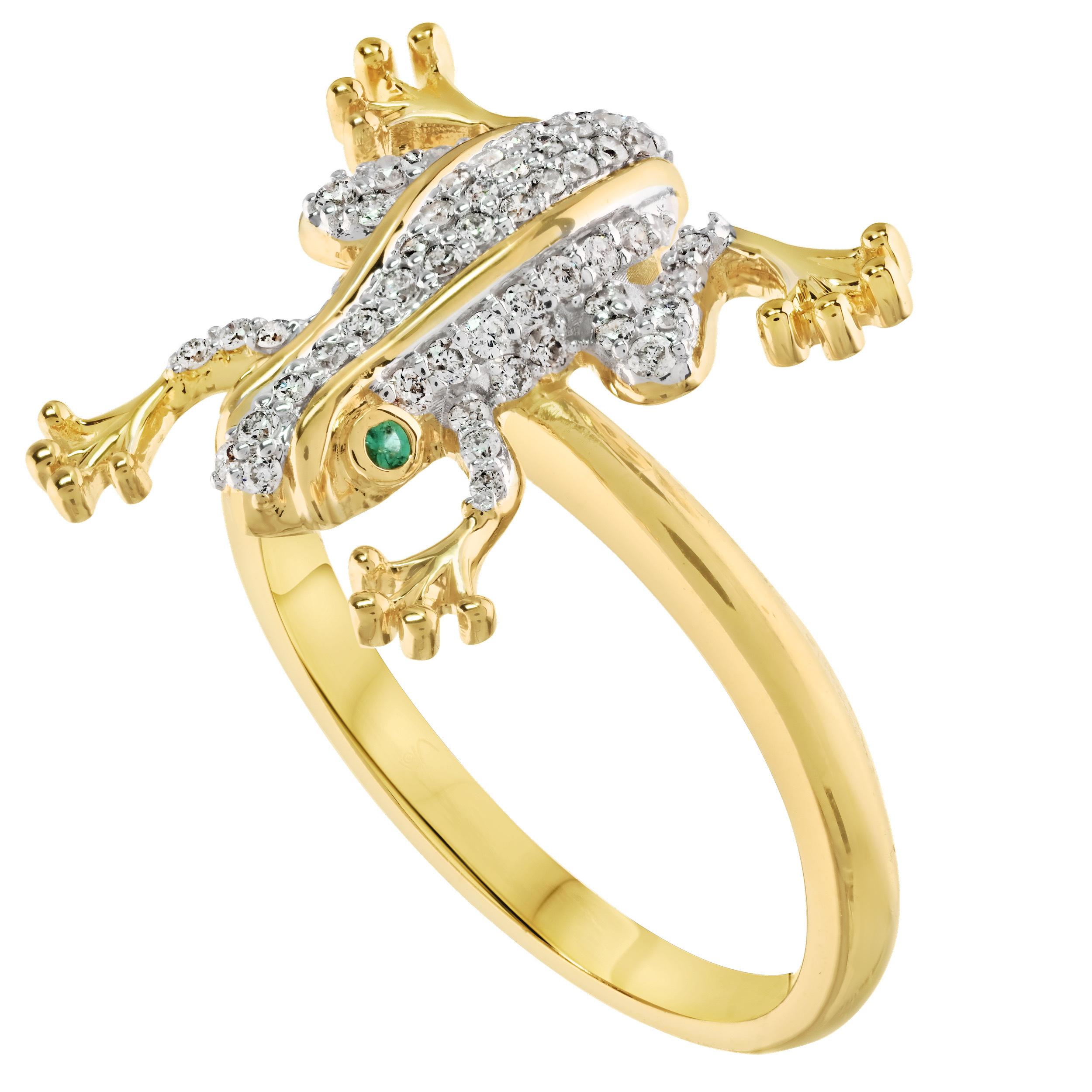 ZooLightful&trade; 14K Yellow Gold Pave Set Frog Emerald Eyes Polished Shank Ring Diamond 0.33 Ctw