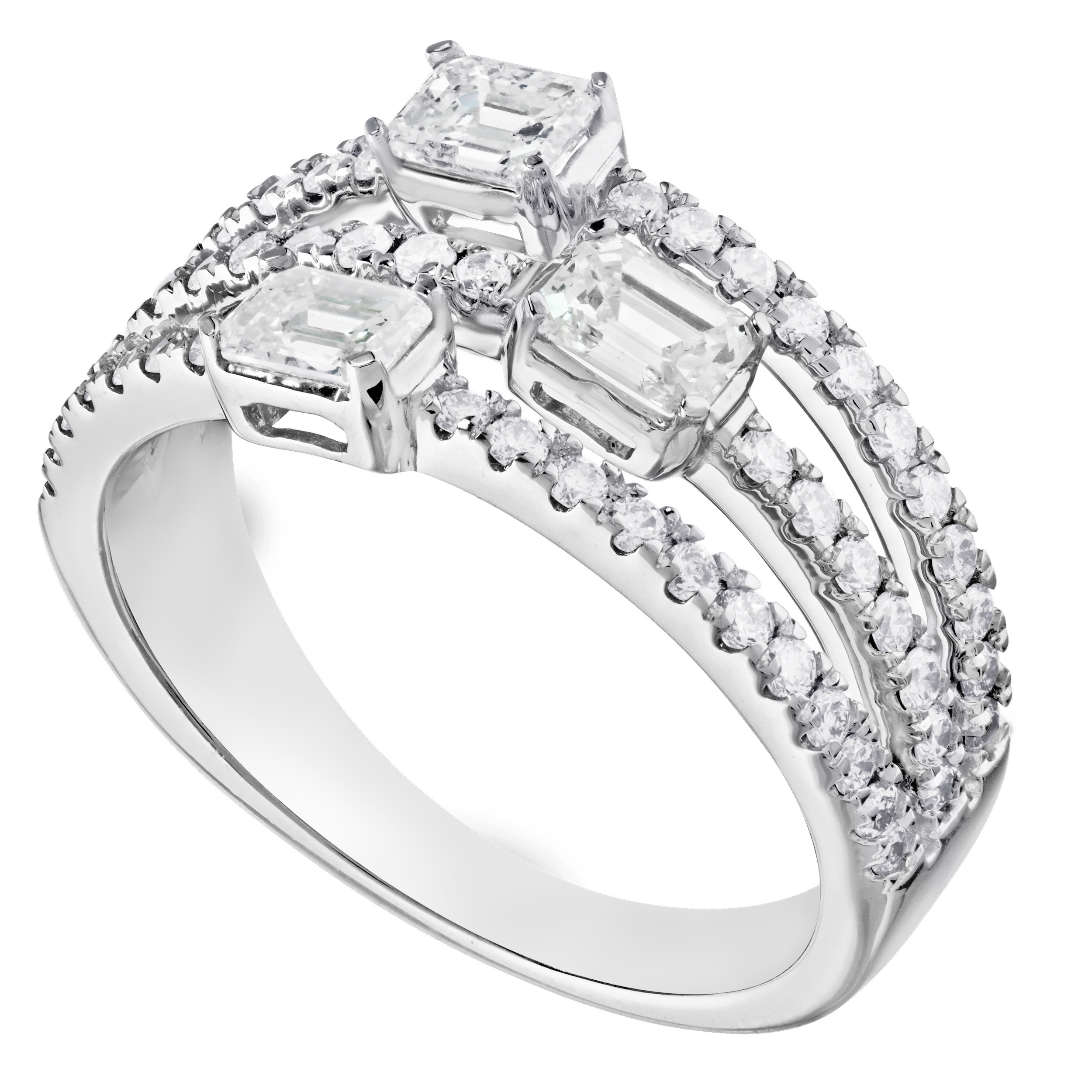 14K White Gold 3 Pave Split Rows with Emerald Cuts Diamond Ring 1.25 Ctw
