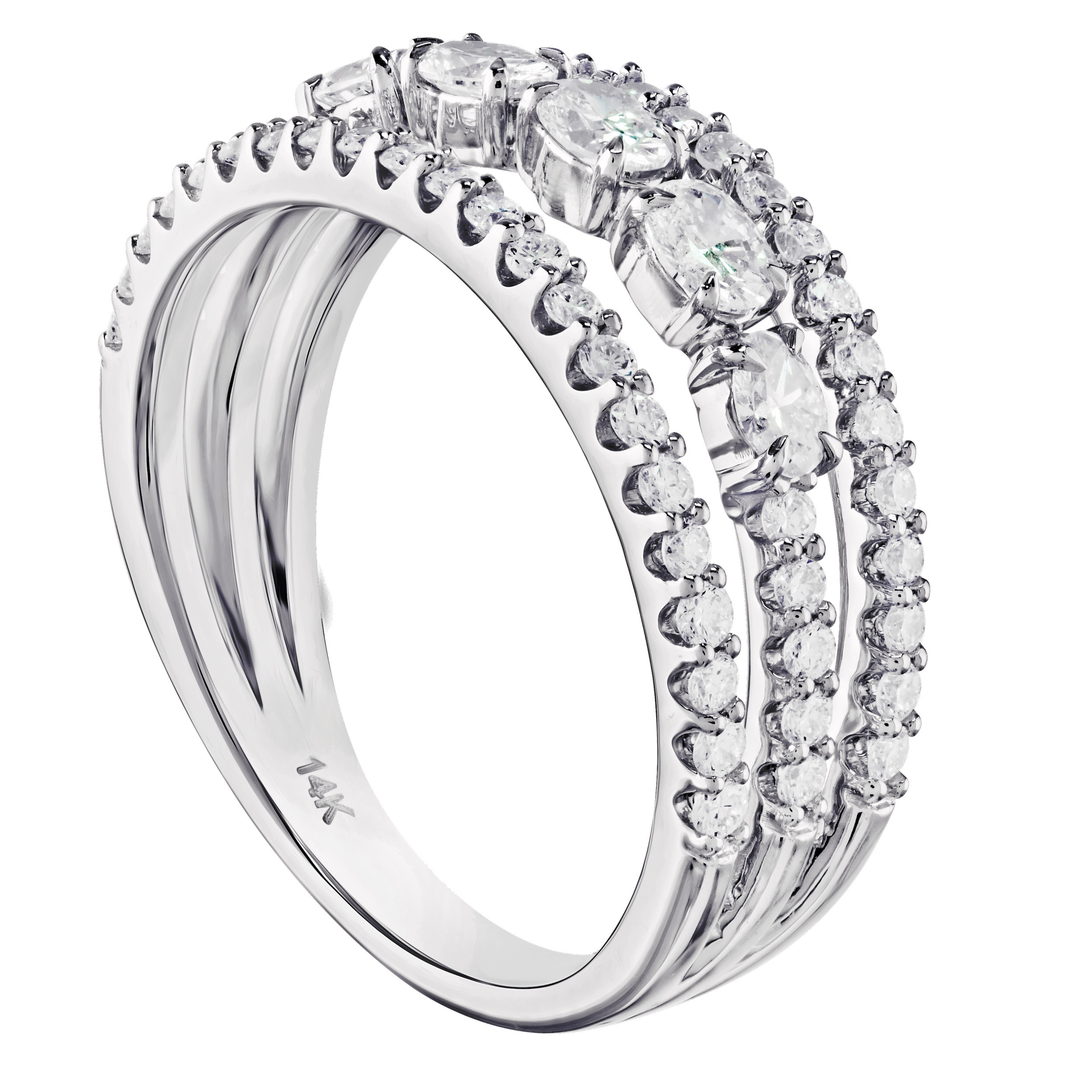 14K White Gold 3 Split Pave Rows Center Row Larger Diamond Ring 1.00 Ctw