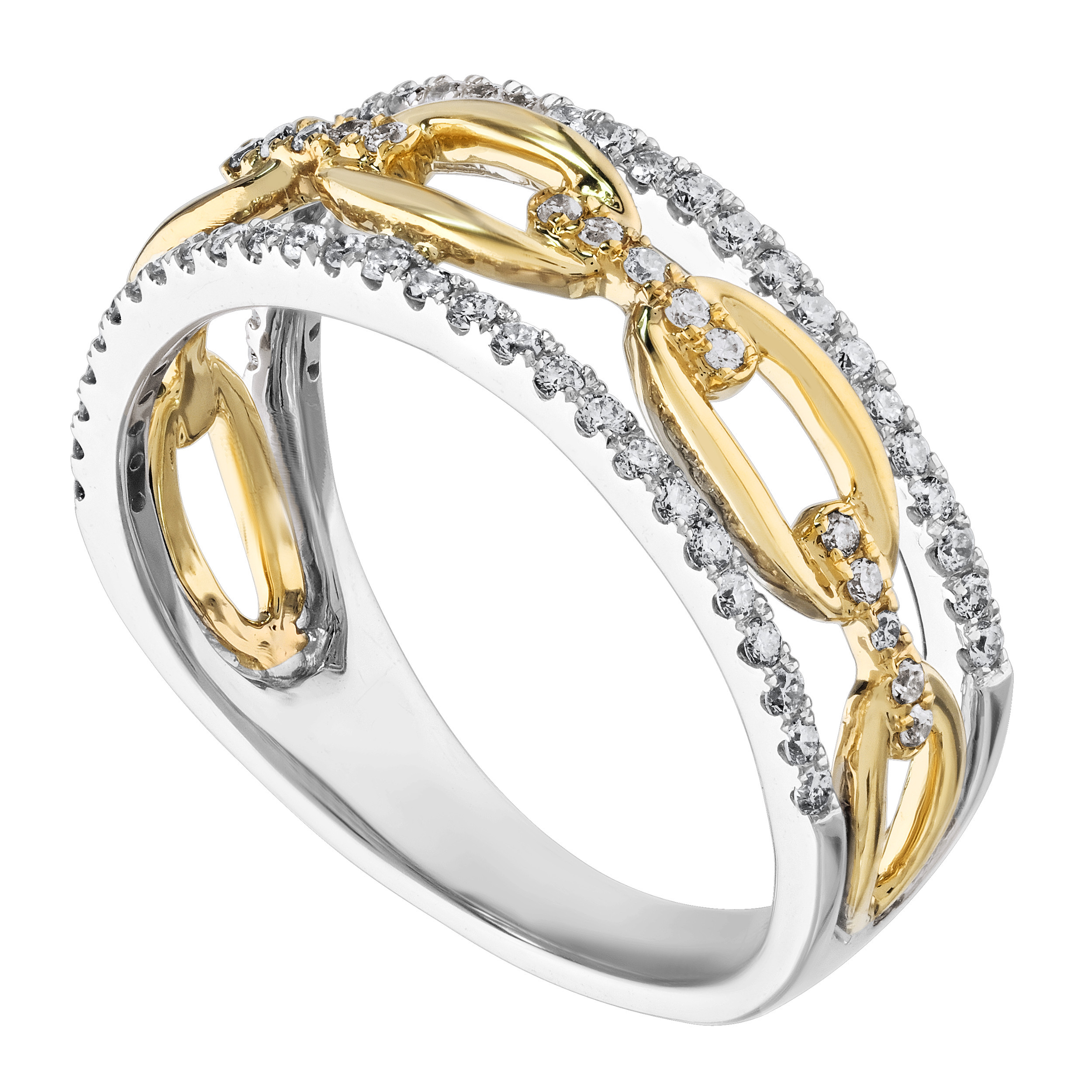 14K Two Tone Chain Link Center with Pave Rails Ring Diamond 0.33 Ctw