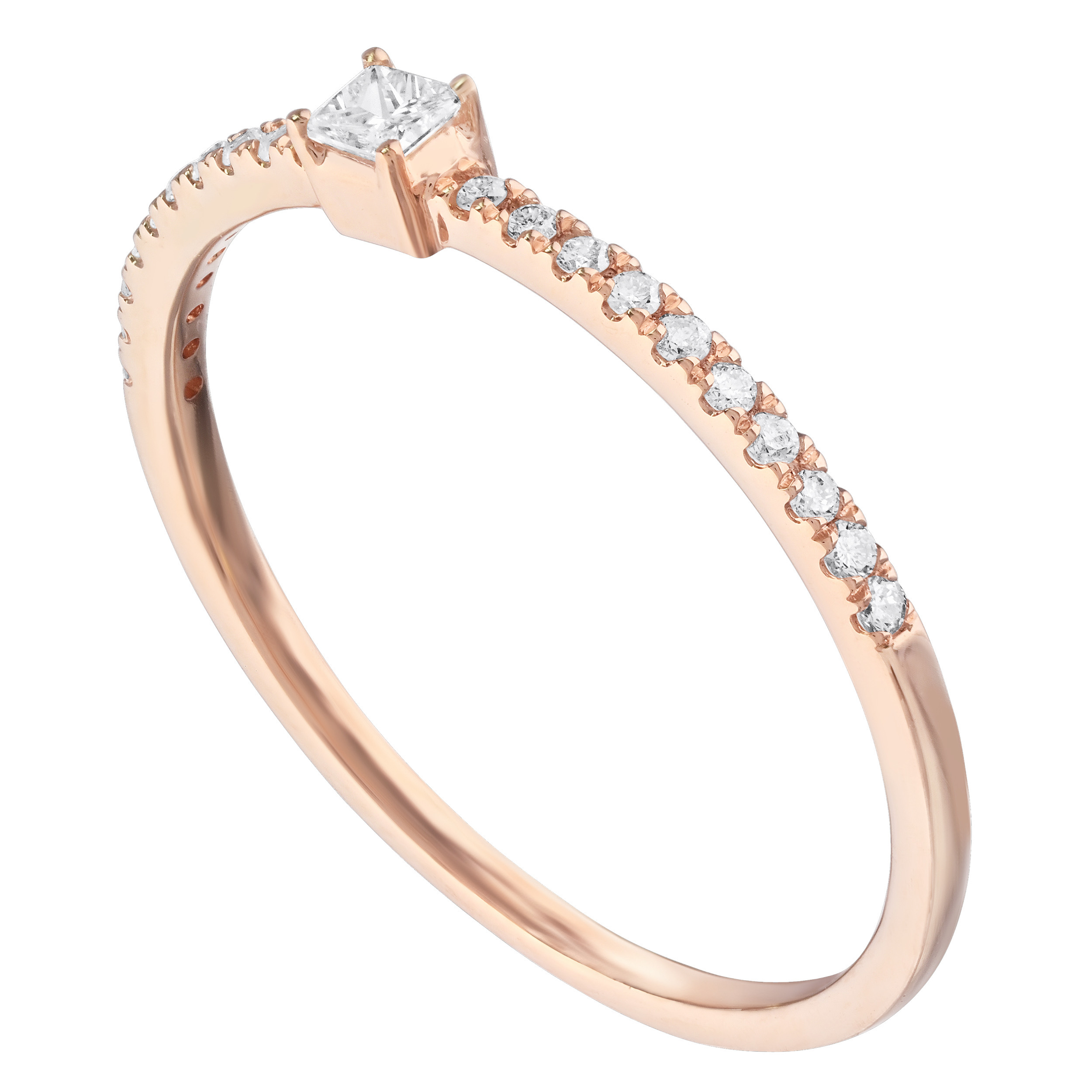14K Rose Gold Pave Shoulders with Princess Center Diamond Ring 0.15 Ctw