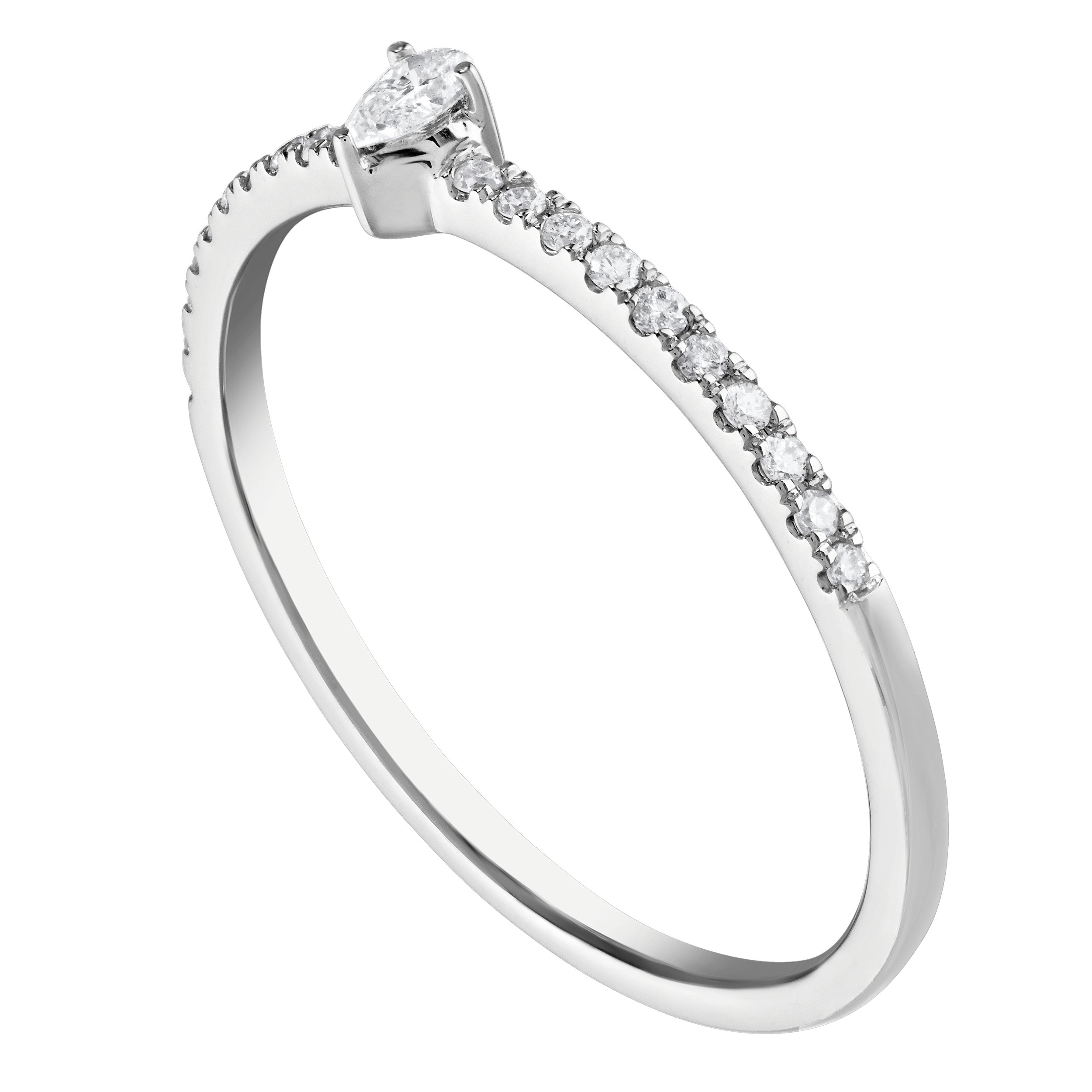 14K White Gold Pave Shoulders with Pear Shape Center Diamond Ring 0.15 Ctw