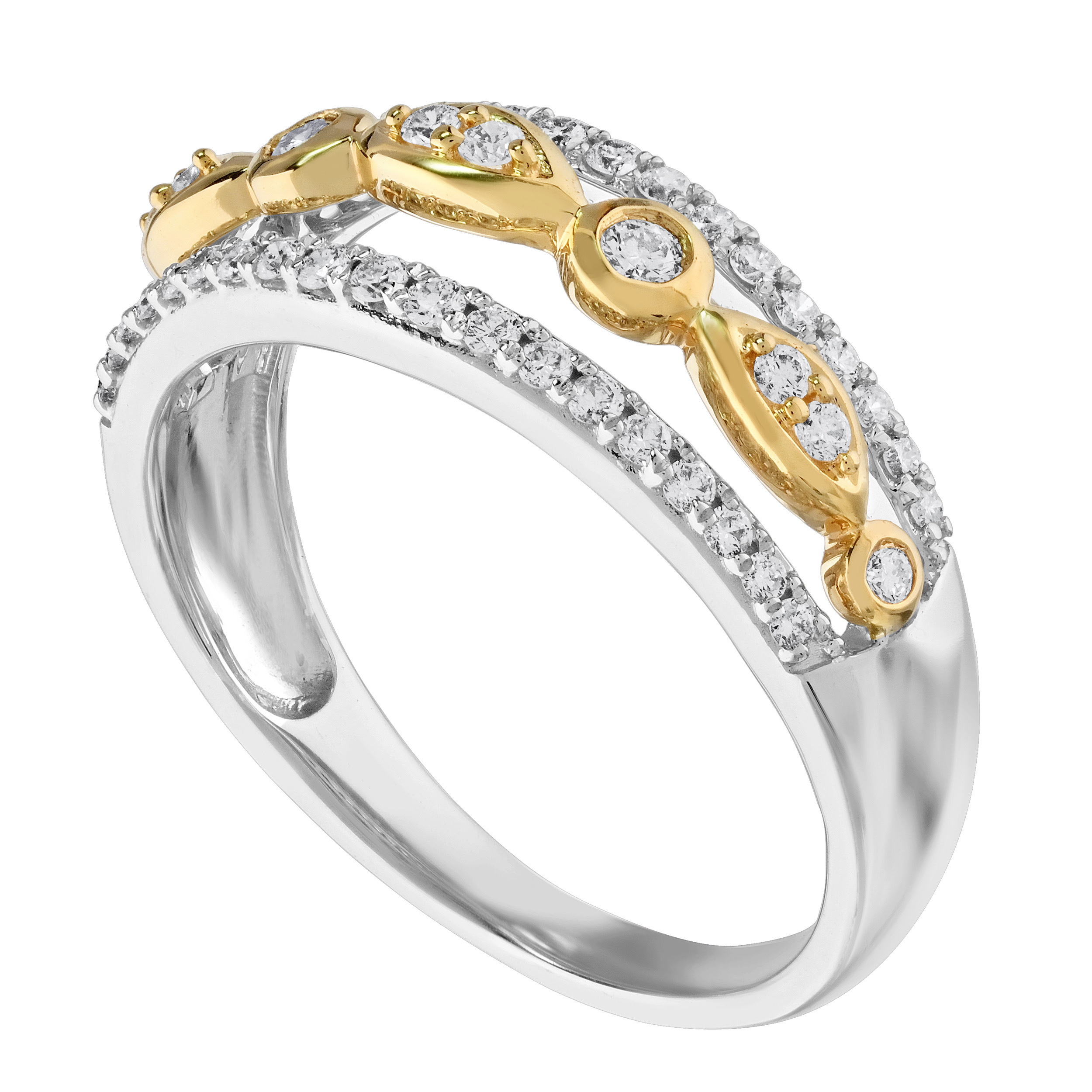 14K Two Tone Prong Set Diamonds through Center Diamond Rails Ring Diamond 0.33 Ctw