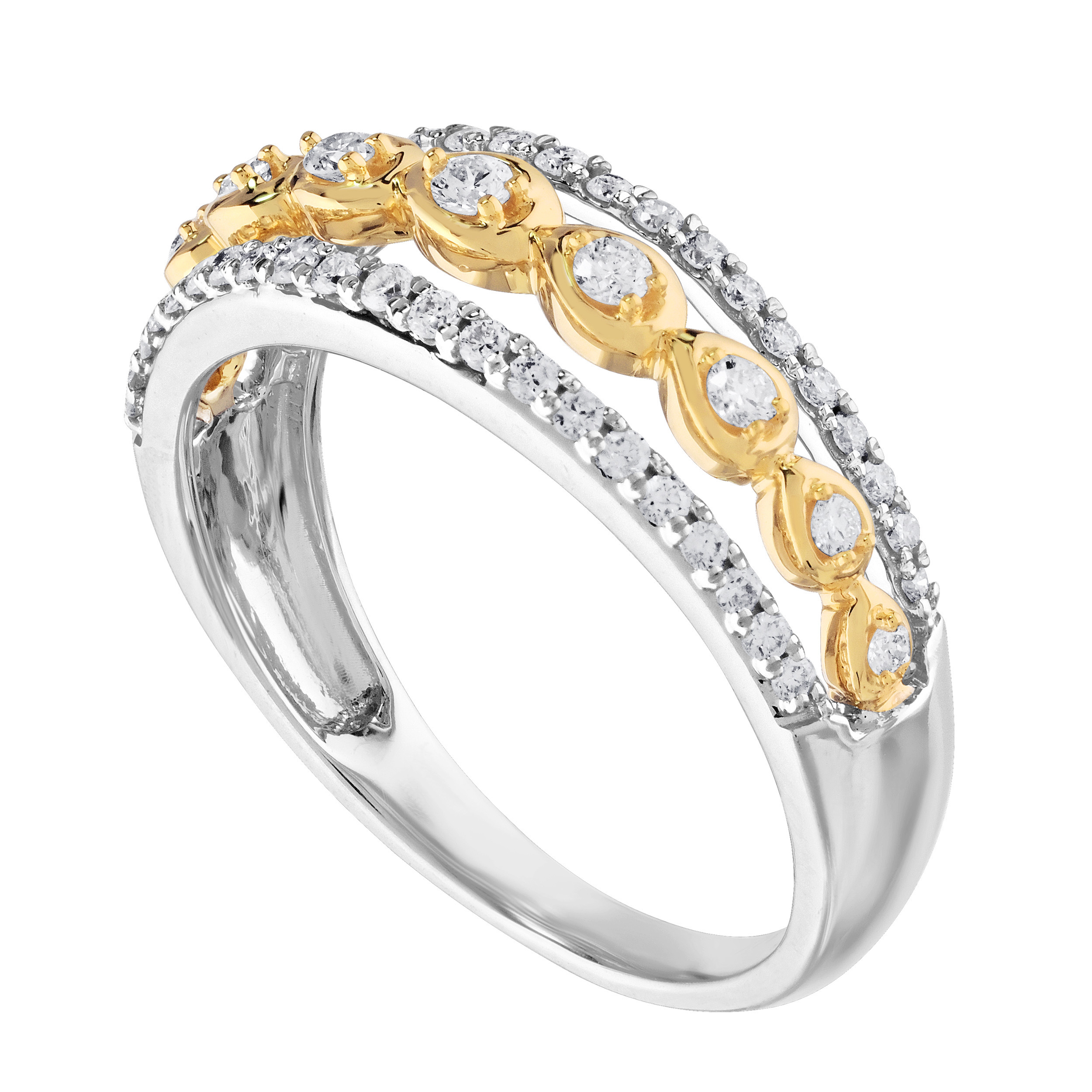 14K Two Tone Marquise & Round Shapes Diamond Set Center Row Diamond Rails Ring Diamond 0.33 Ctw