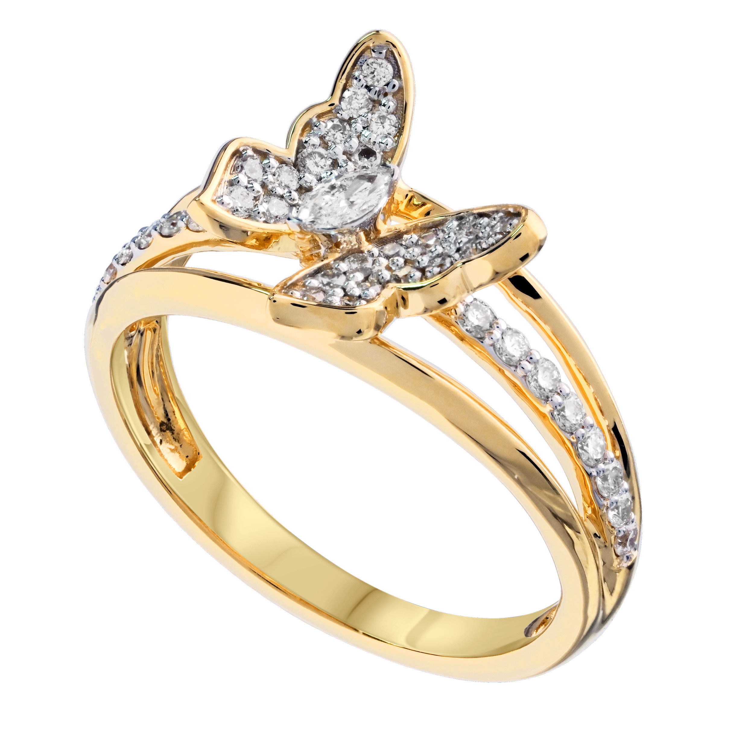 ZooLightful&trade; 14K Yellow Gold Pave Set Butterfly on Split Shank Pave & Polished Ring Diamond 0.33 Ctw