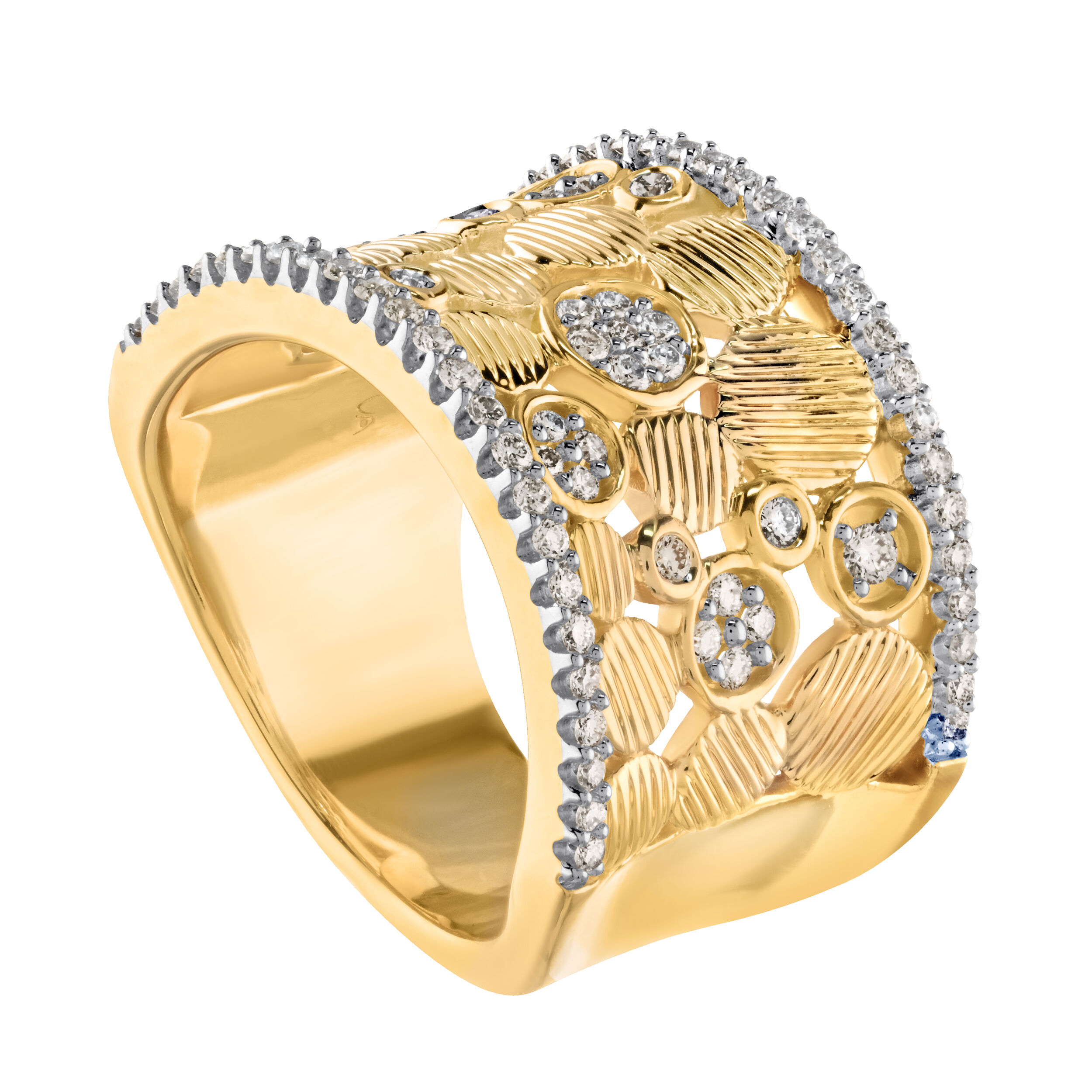 14K Yellow Gold Matte Textured Circles in Wide Diamond Rails Diamond Ring 0.50 Ctw