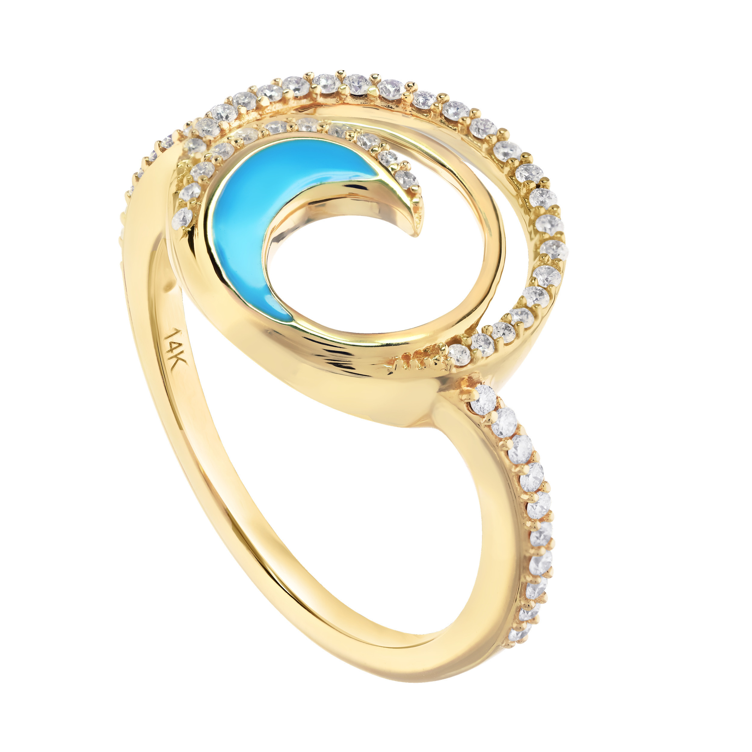 14K Yellow Gold Enamel Wave in Circle Diamond Ring 0.25 Ctw