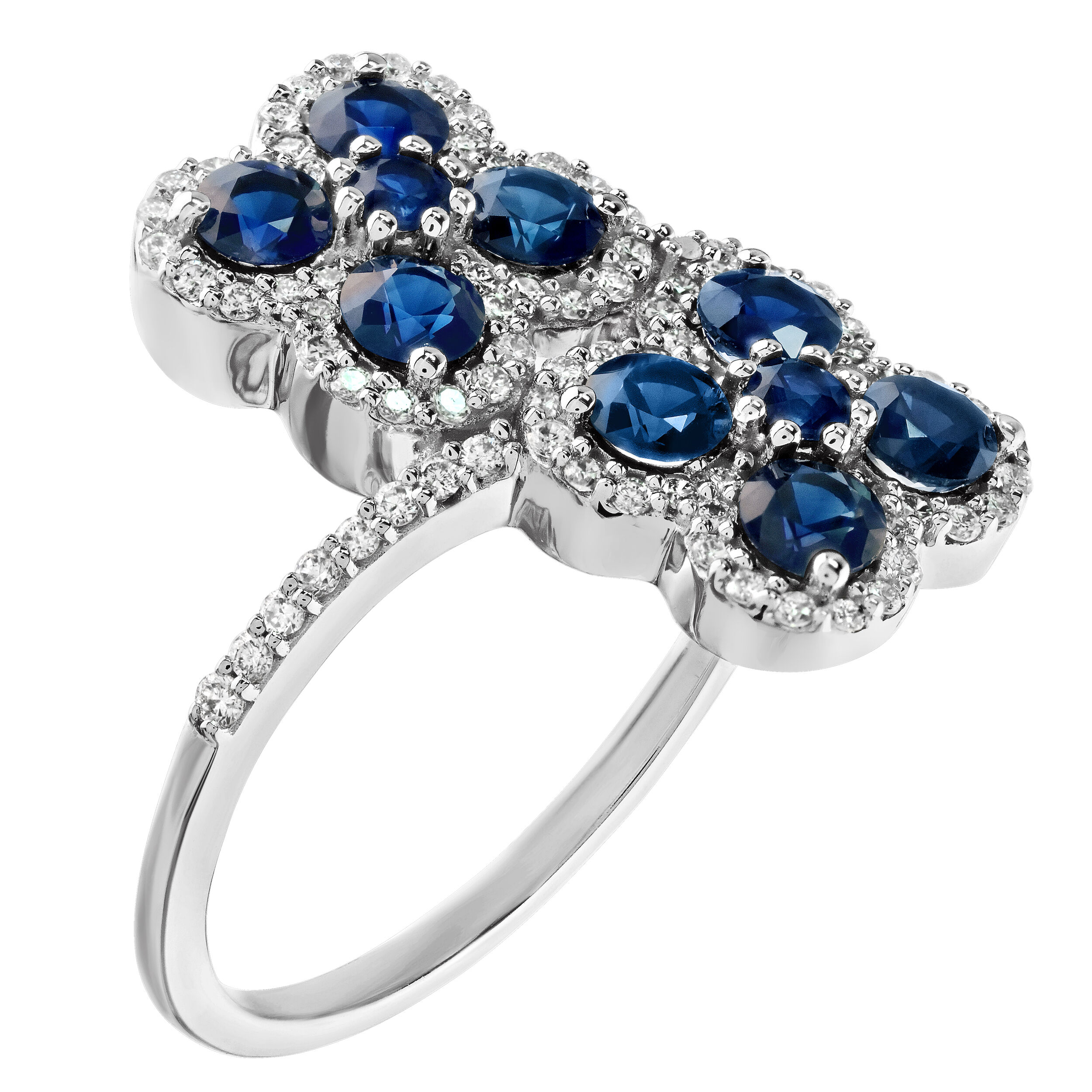 Majestic Gems&trade; 14k White Gold Color Stone Clover Bypass Diamond Shoulders Blue Sapphire & Diamond 1.21 Ctw