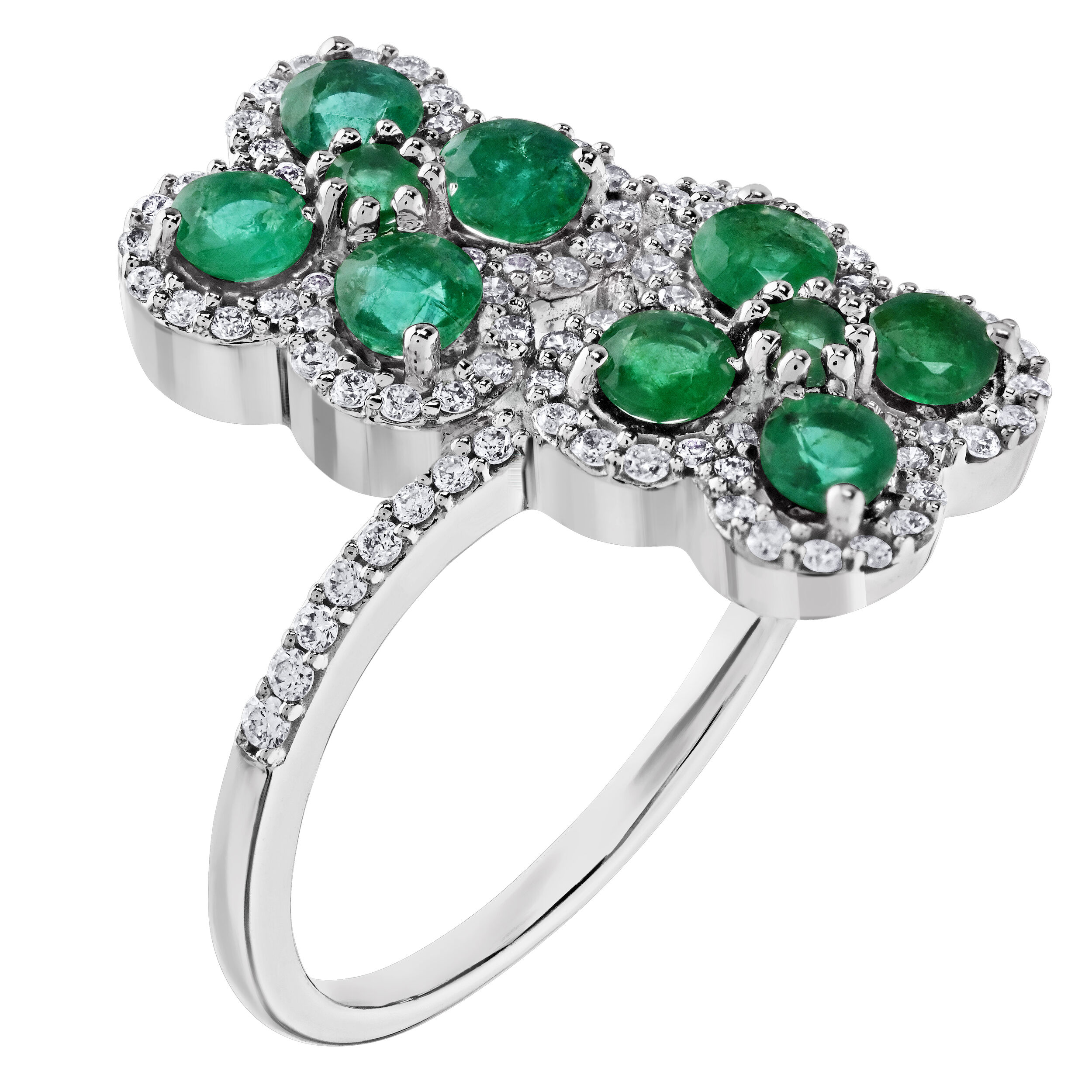 Majestic Gems&trade; 14k White Gold Color Stone Clover Bypass Diamond Shoulders Emerald & Diamond 1.21 Ctw