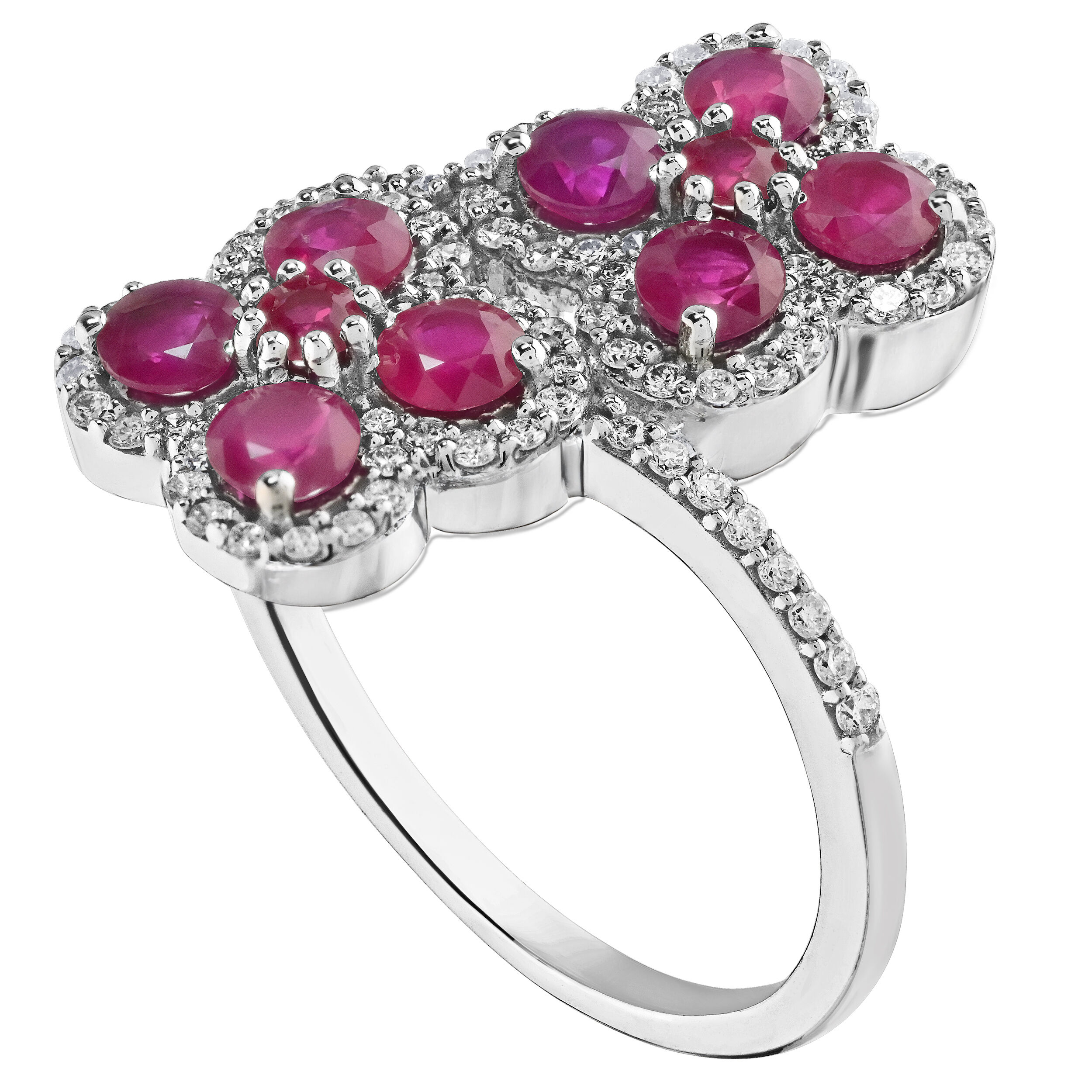 Majestic Gems&trade; 14k White Gold Color Stone Clover Bypass Diamond Shoulders Ruby & Diamond 1.21 Ctw