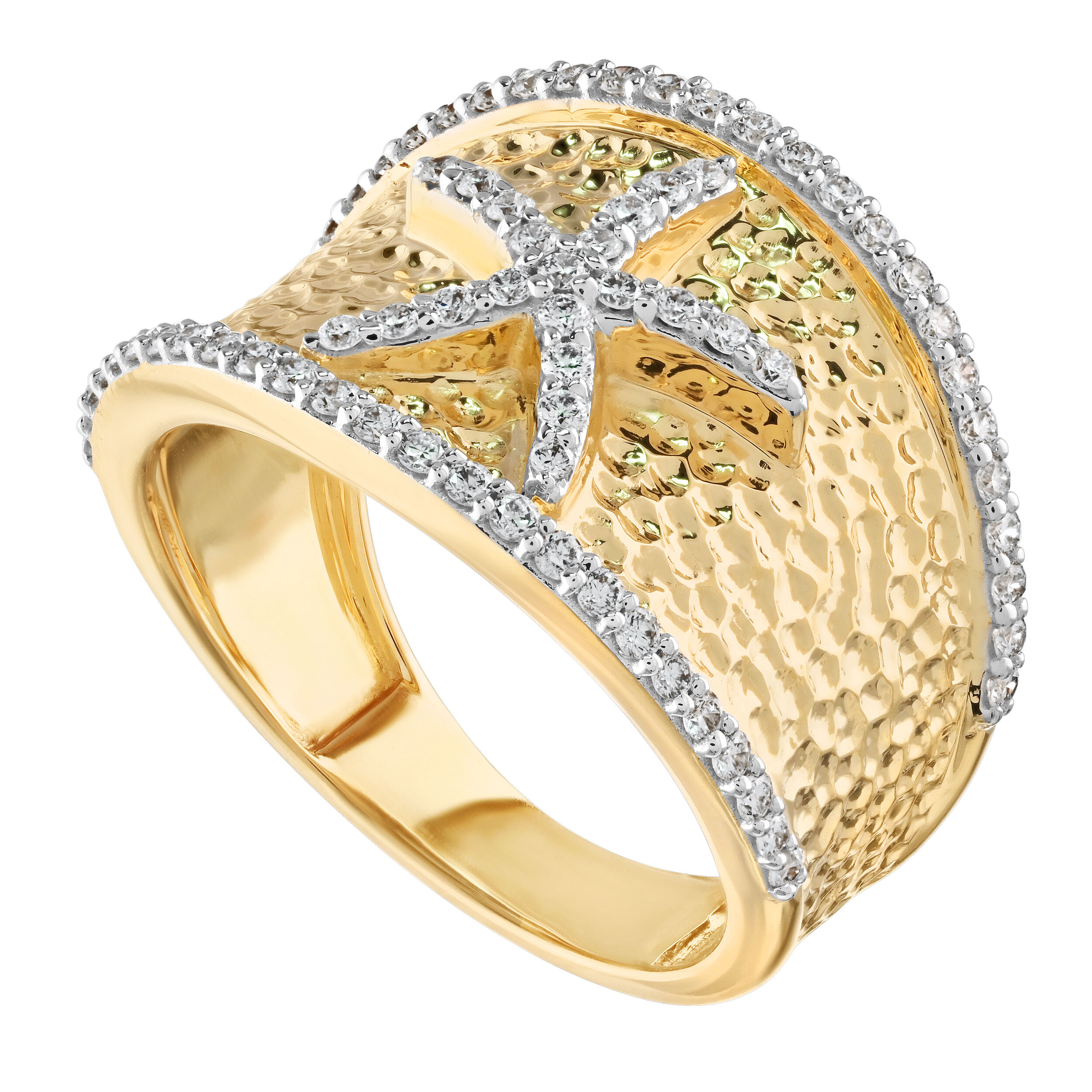 Oceanity&trade; 14K Yellow Gold Ring Tapered Wide Ring Starfish Center Diamond Rails Diamond 0.50 Ctw