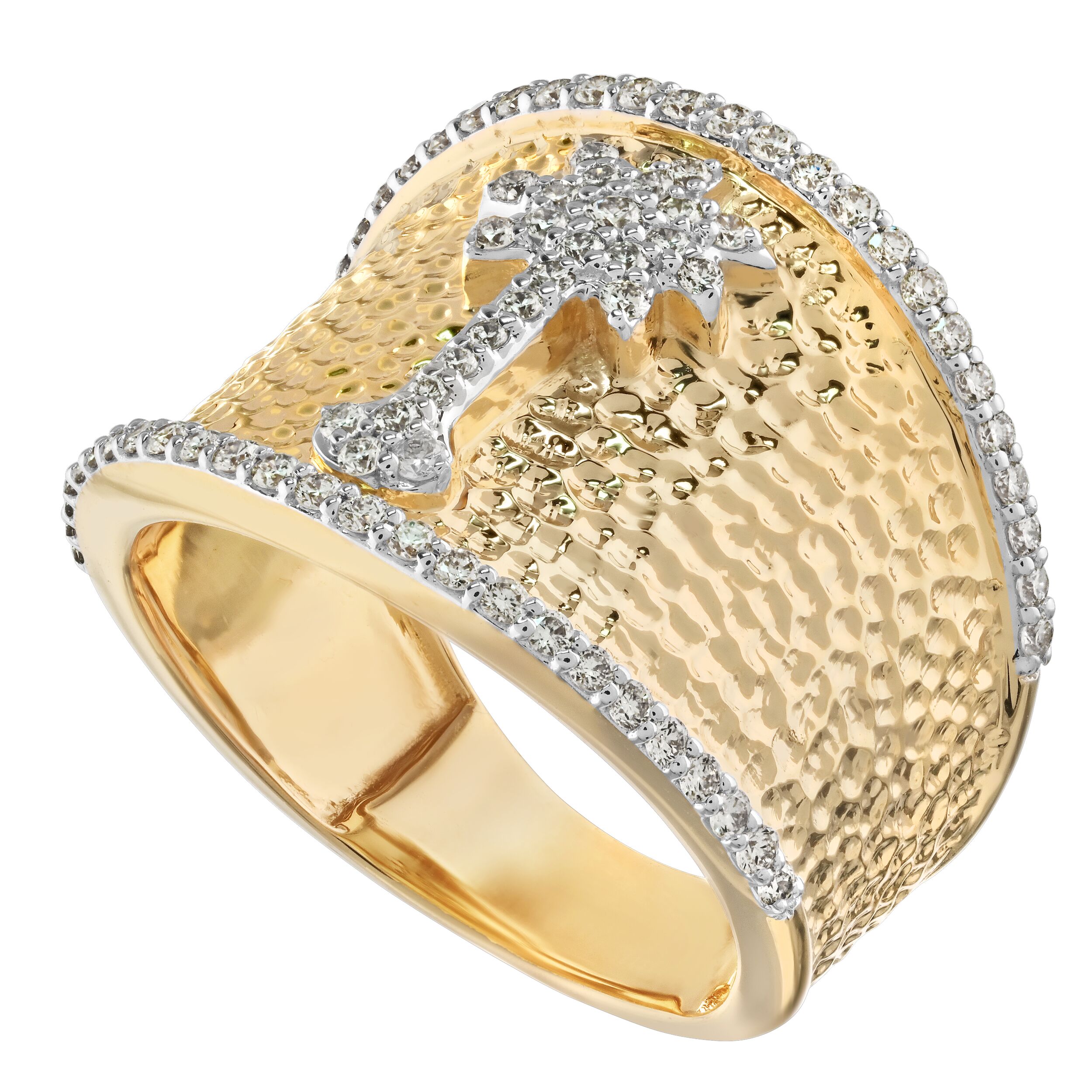 14K Yellow Gold Tapered Wide Palm Tree Center Diamond Rails Diamond Ring 0.50 Ctw