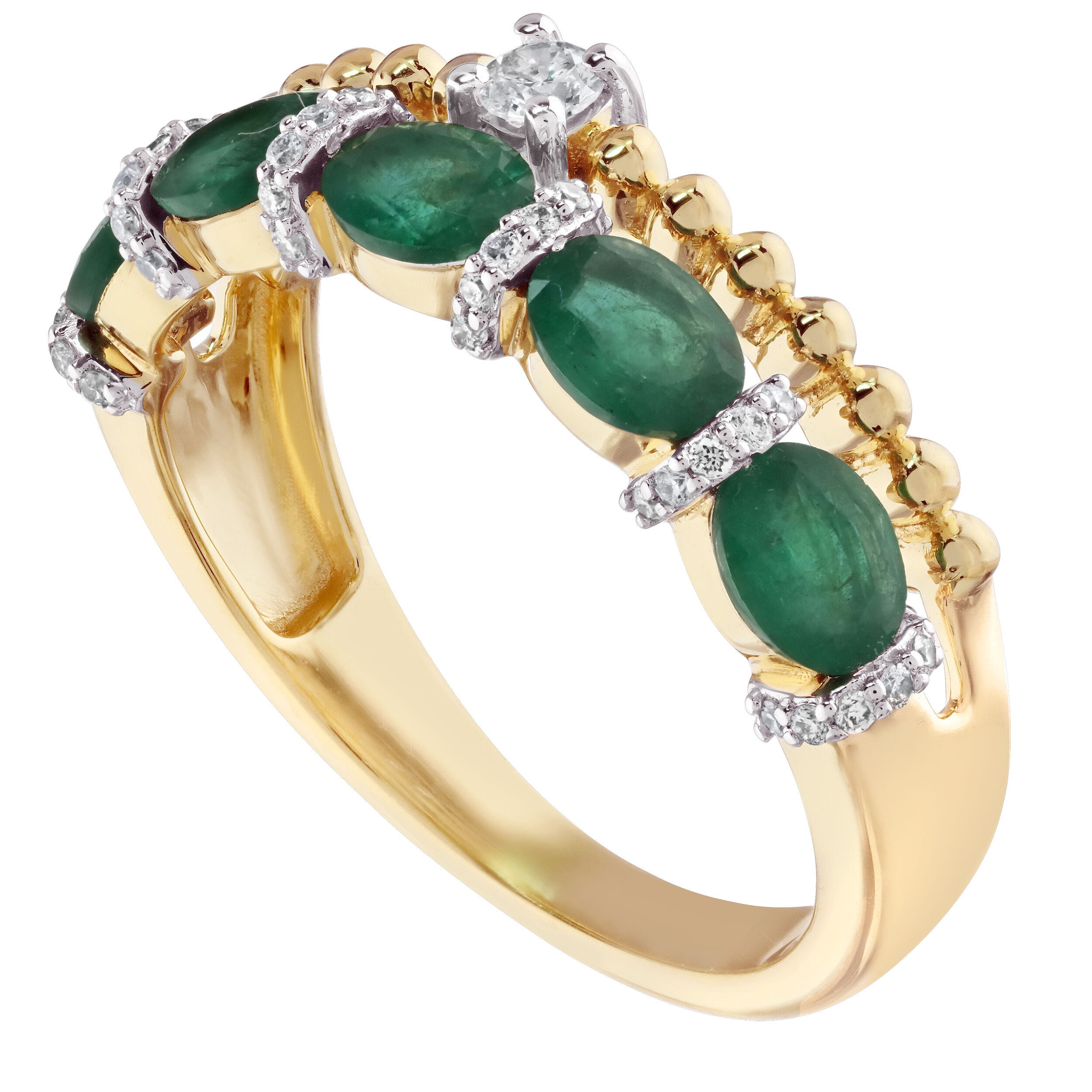 Majestic Gems&trade; 14k Yellow Gold Double Ring 1 Horizontal Color 1 Beaded with Prong Set Diamond Emerald & Diamond 1.178 Ctw