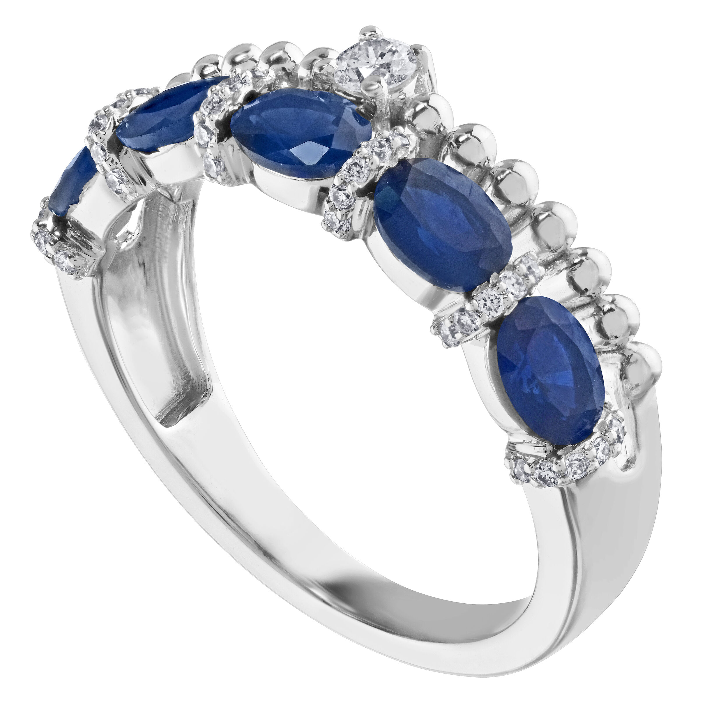 Majestic Gems&trade; 14k White Gold Double Ring 1 Horizontal Color 1 Beaded with Prong Set Diamond Blue Sapphire & Diamond 1.178 Ctw