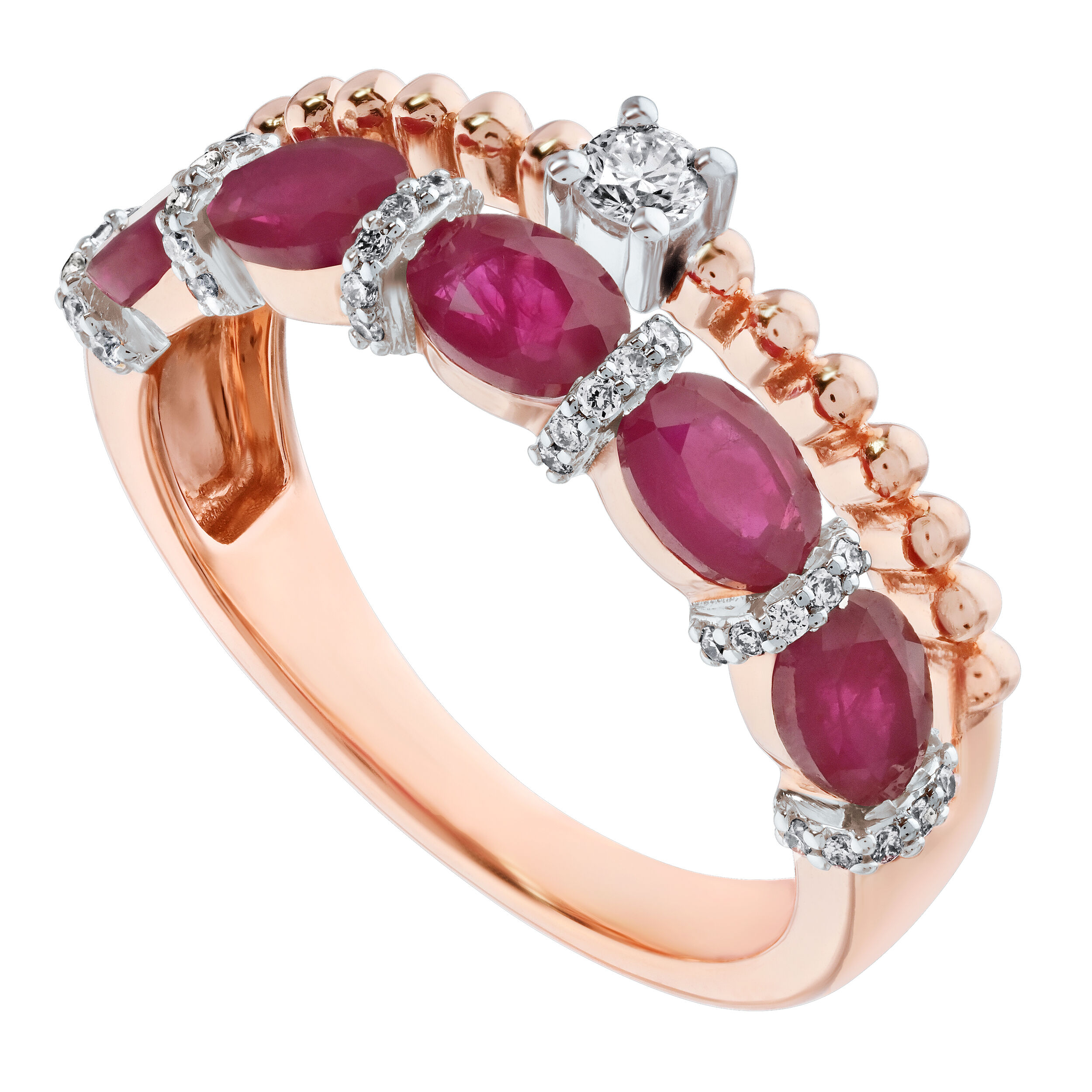 Majestic Gems&trade; 14k Rose Gold Double Ring 1 Horizontal Color 1 Beaded with Prong Set Diamond Ruby & Diamond 1.37 Ctw
