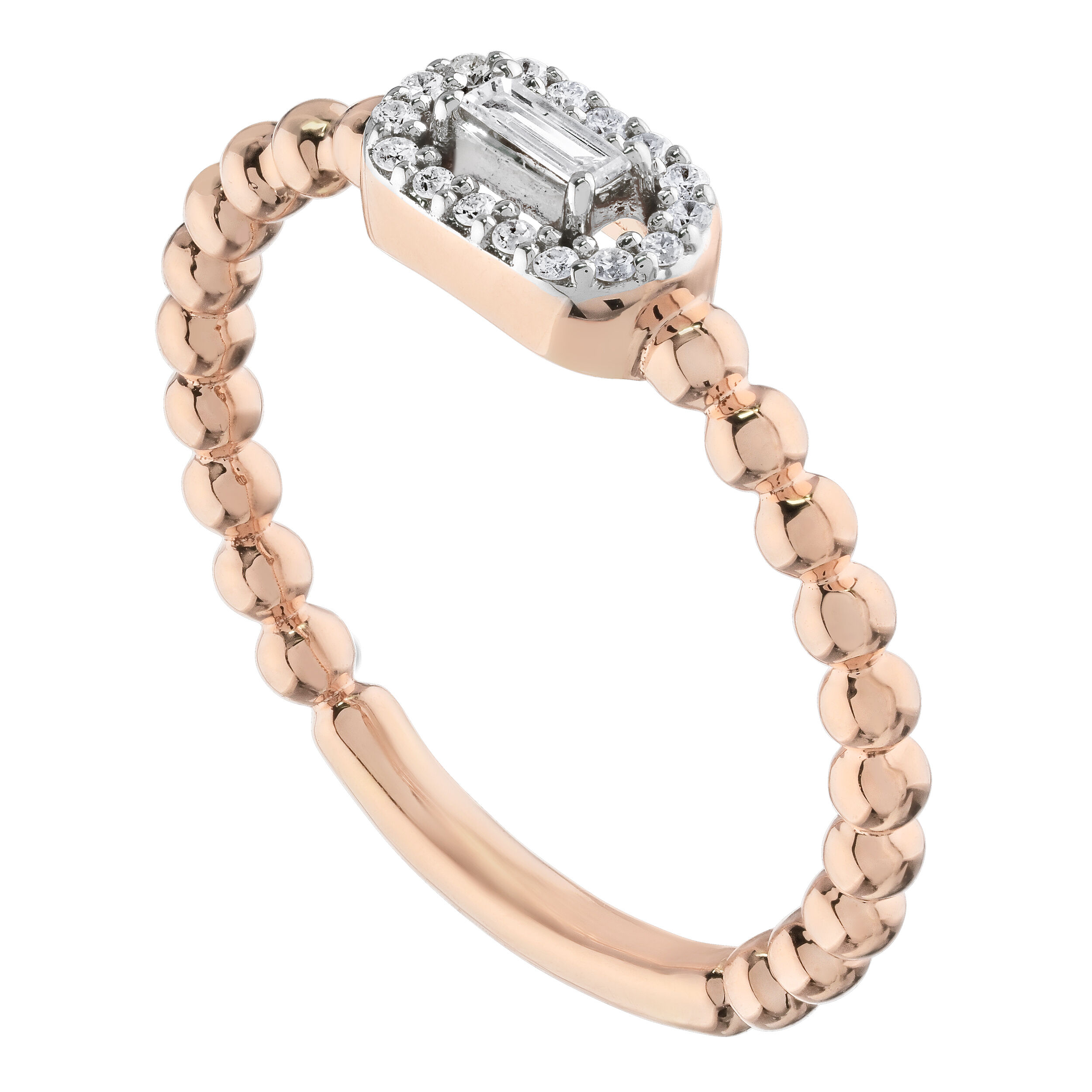 TriUnity&trade; 14K Rose Gold Horizontal Baguette Halo Beaded Shank 0.15 Ctw