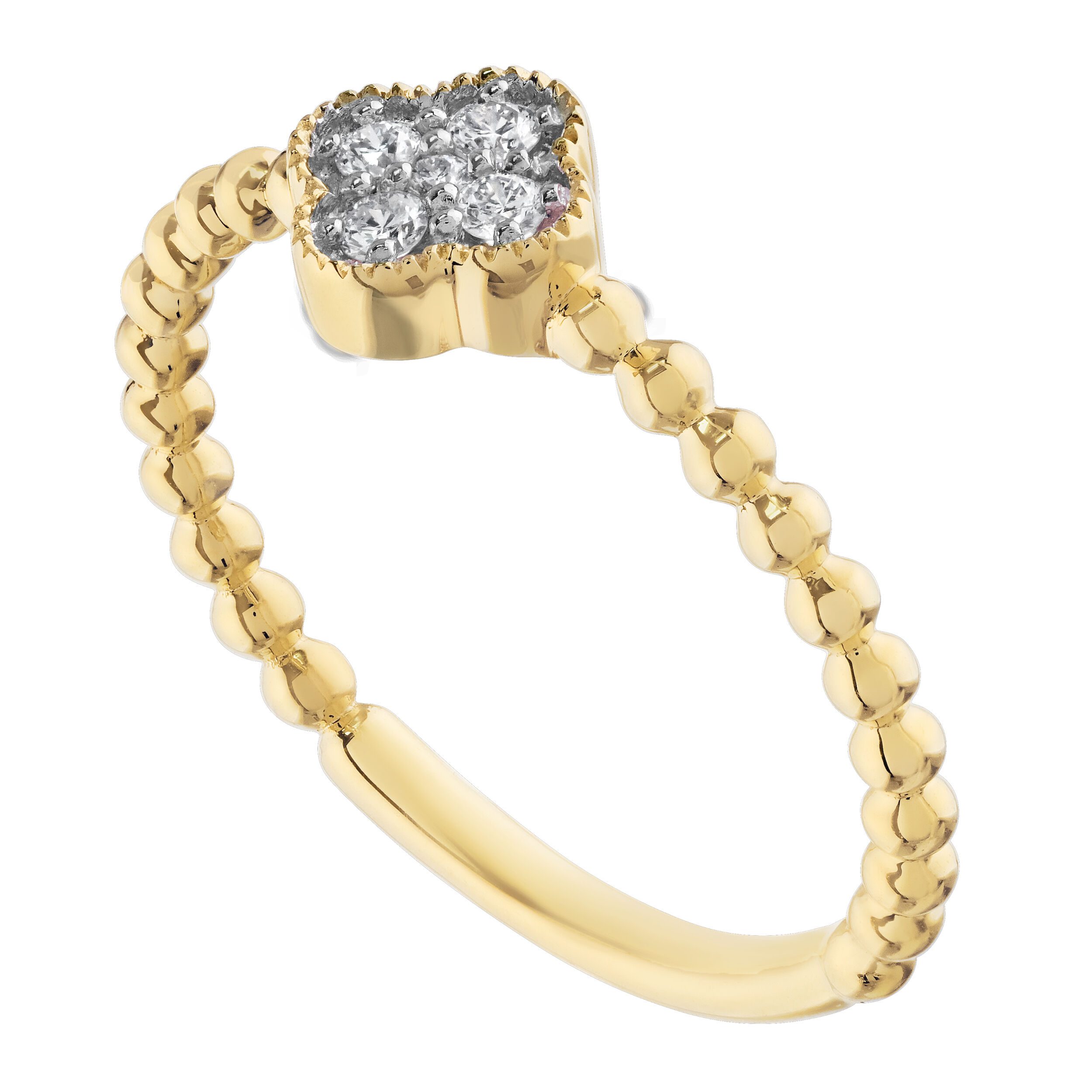 14K Yellow Gold Beaded Ring with Diamond Clover Center Ring Diamond 0.15 Ctw