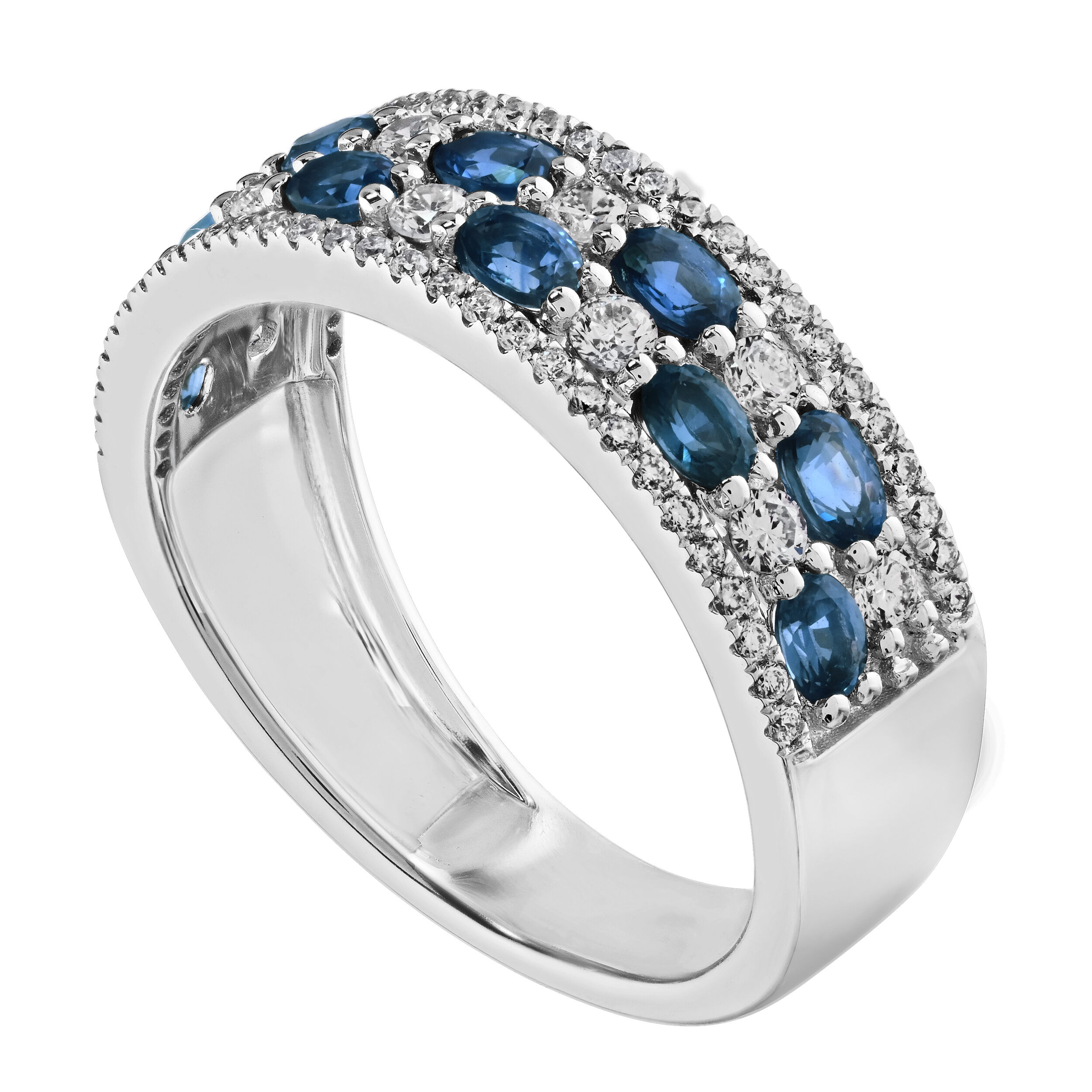 Majestic Gems&trade; 14k White Gold 2 Rows Oval Sapphire & Round Diamonds 80 Stone Blue Sapphire & Diamond 1.33 Ctw