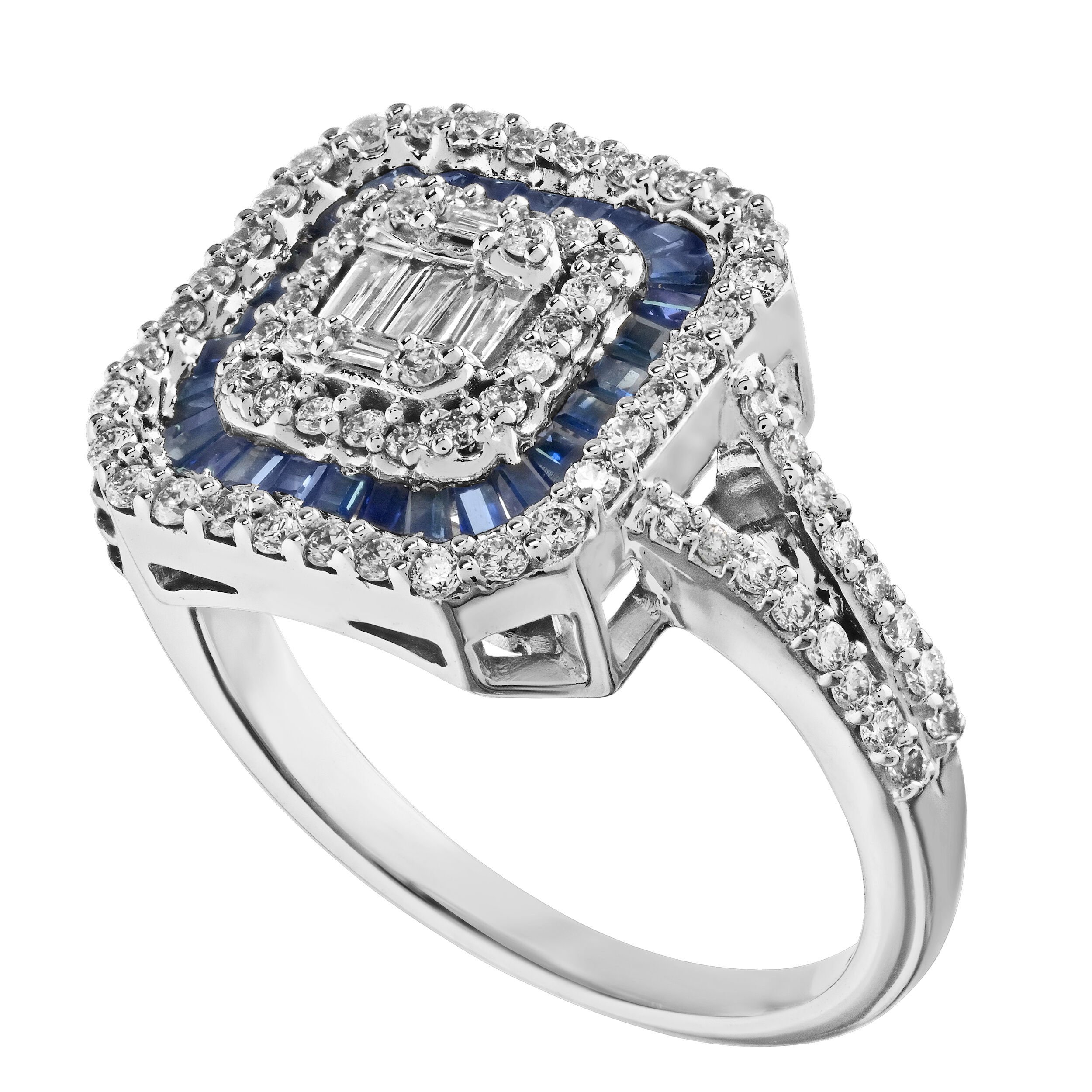 Majestic Gems&trade; 14k White Gold Baguette Diamond Cluster with Baguette Sapphire Halo Blue Sapphire & Diamond 1.16 Ctw