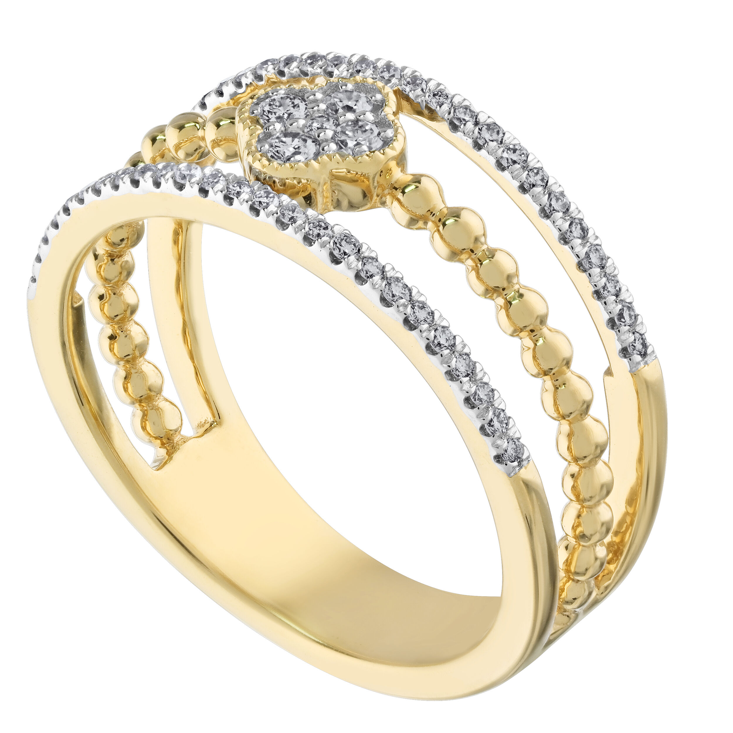 14K Yellow Gold 3 Split Rows Center Beaded Center Clover Cluster Ring Diamond 0.25 Ctw