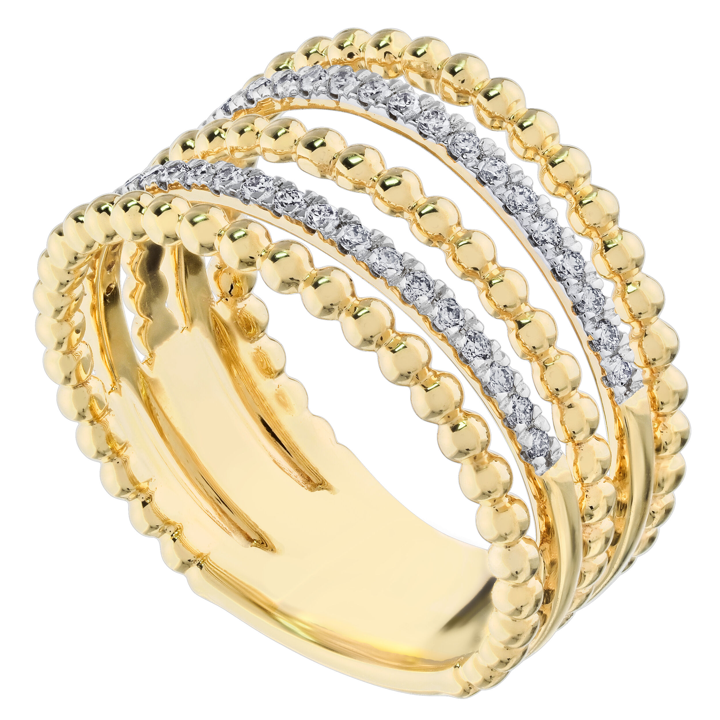 14K Yellow Gold 5 Split Rows Alternating Diamond Set & Beaded Ring Diamond 0.25 Ctw
