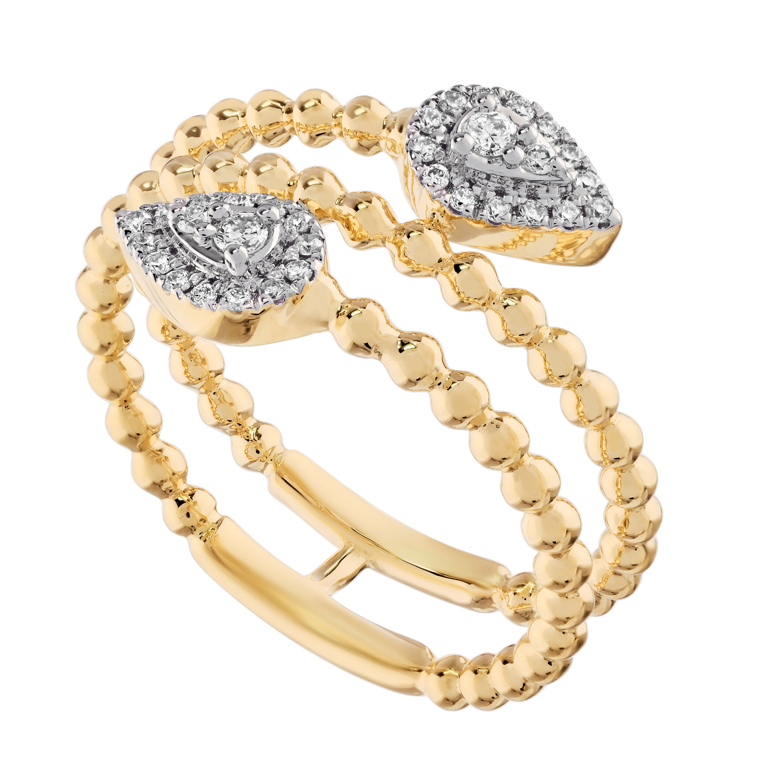 14K Yellow Gold 3 Row Wrap Beaded with Pearshape Cluster Ends Ring Diamond 0.155 Ctw