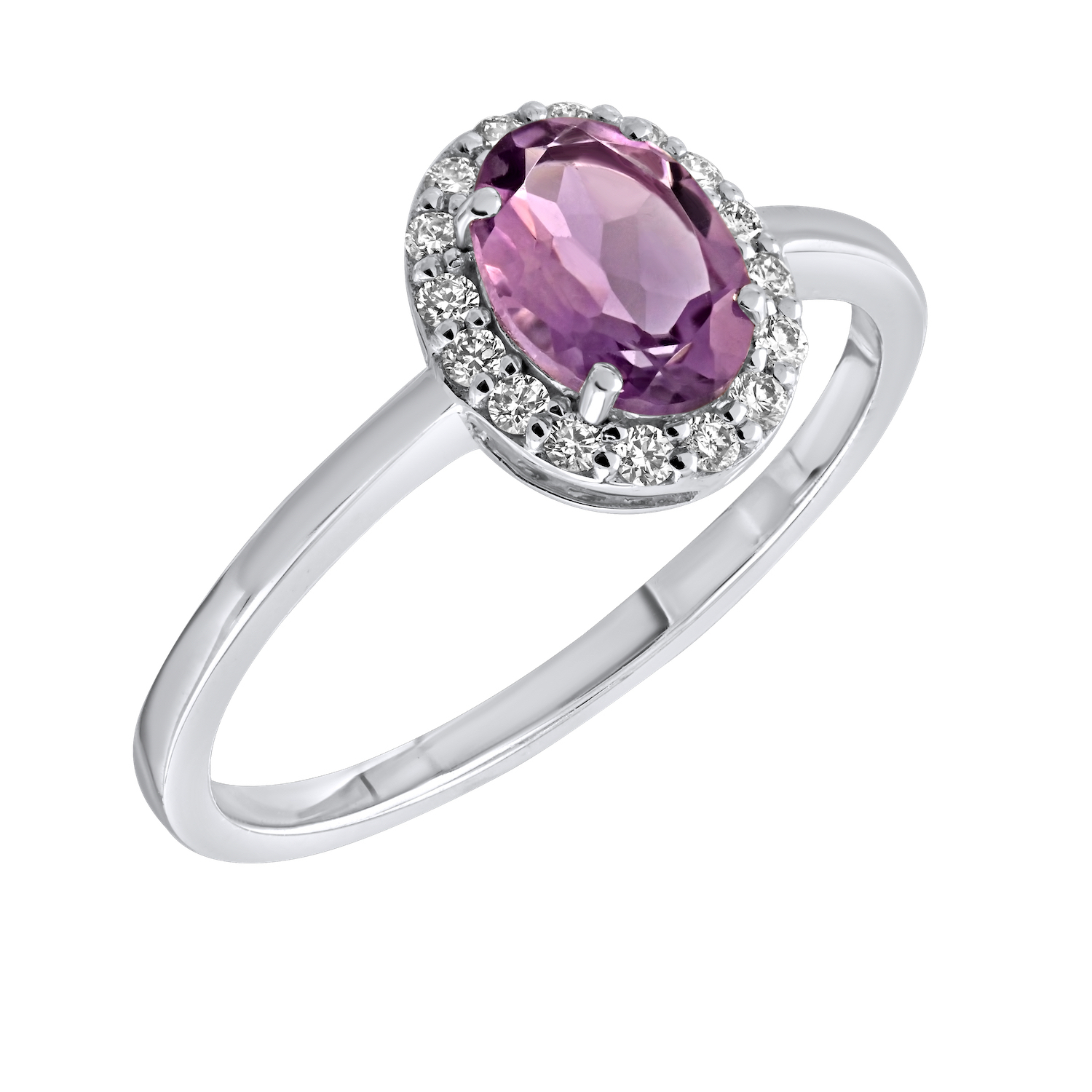 Birthstone Collection 10K White Gold Oval Halo Ring Diamond and Amethyst 0.66 Ctw