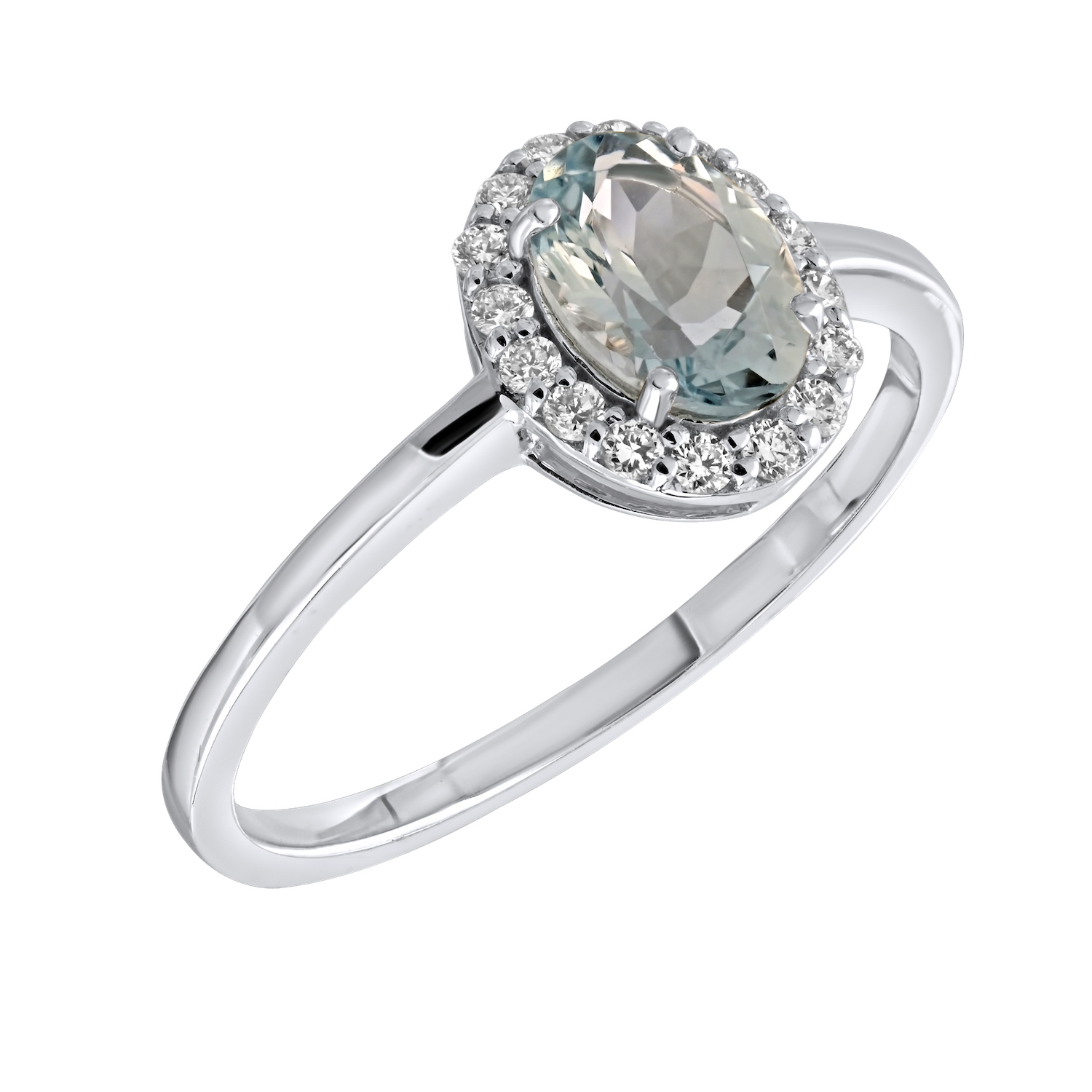 Birthstone Collection 10K White Gold Oval Halo Ring Diamond and Aqua Cushion 0.66 Ctw