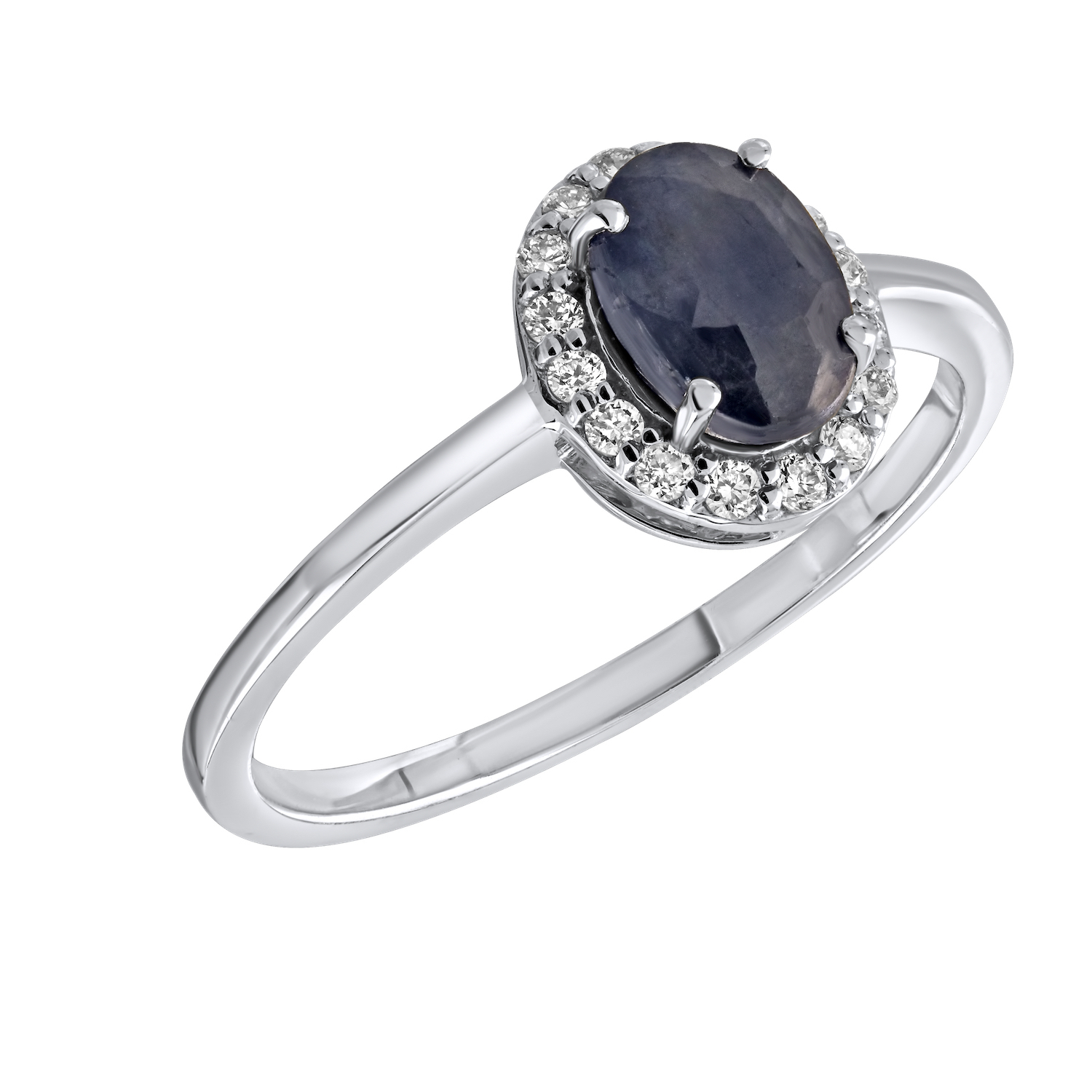 Birthstone Collection 10K White Gold Oval Halo Ring Diamond and Blue Sapphire 0.66 Ctw